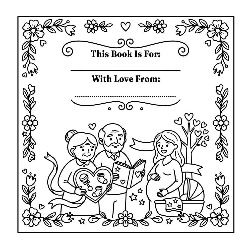 Pregnancy keepsake coloring book with memory pages, gentle scenes, and space for notes, photos, and baby memories.