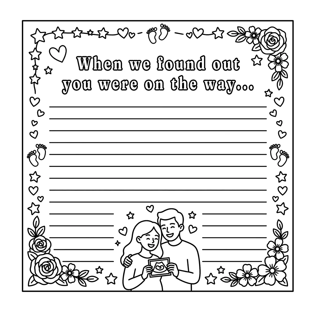 Pregnancy keepsake coloring book with memory pages, gentle scenes, and space for notes, photos, and baby memories.
