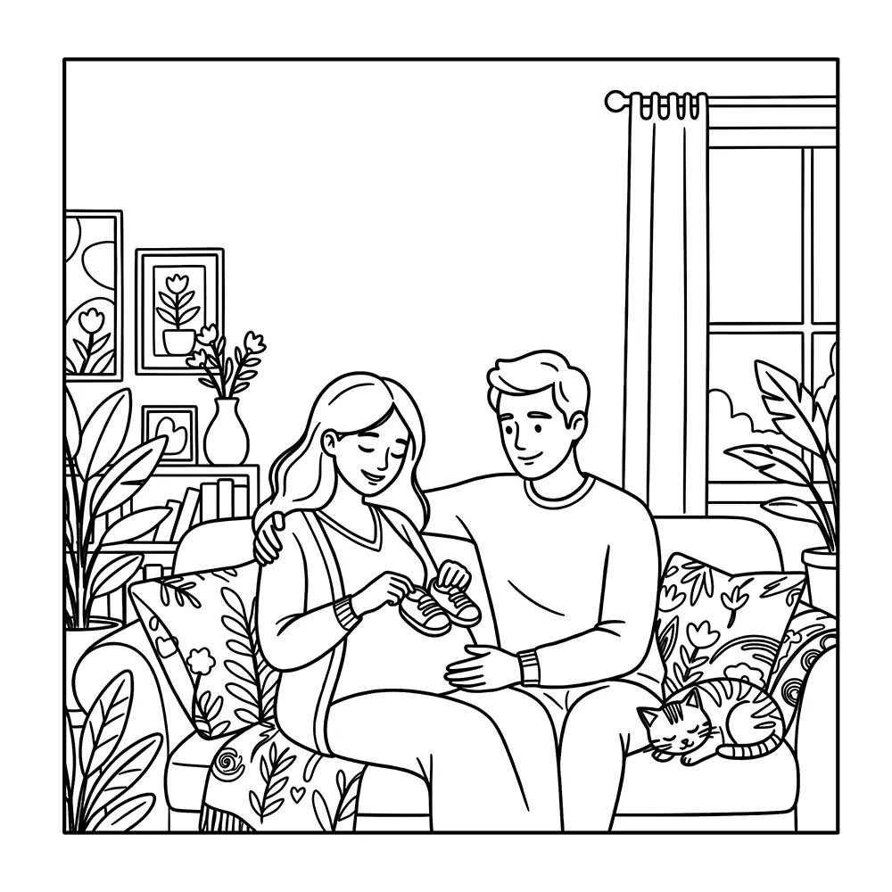 Pregnancy keepsake coloring book with memory pages, gentle scenes, and space for notes, photos, and baby memories.