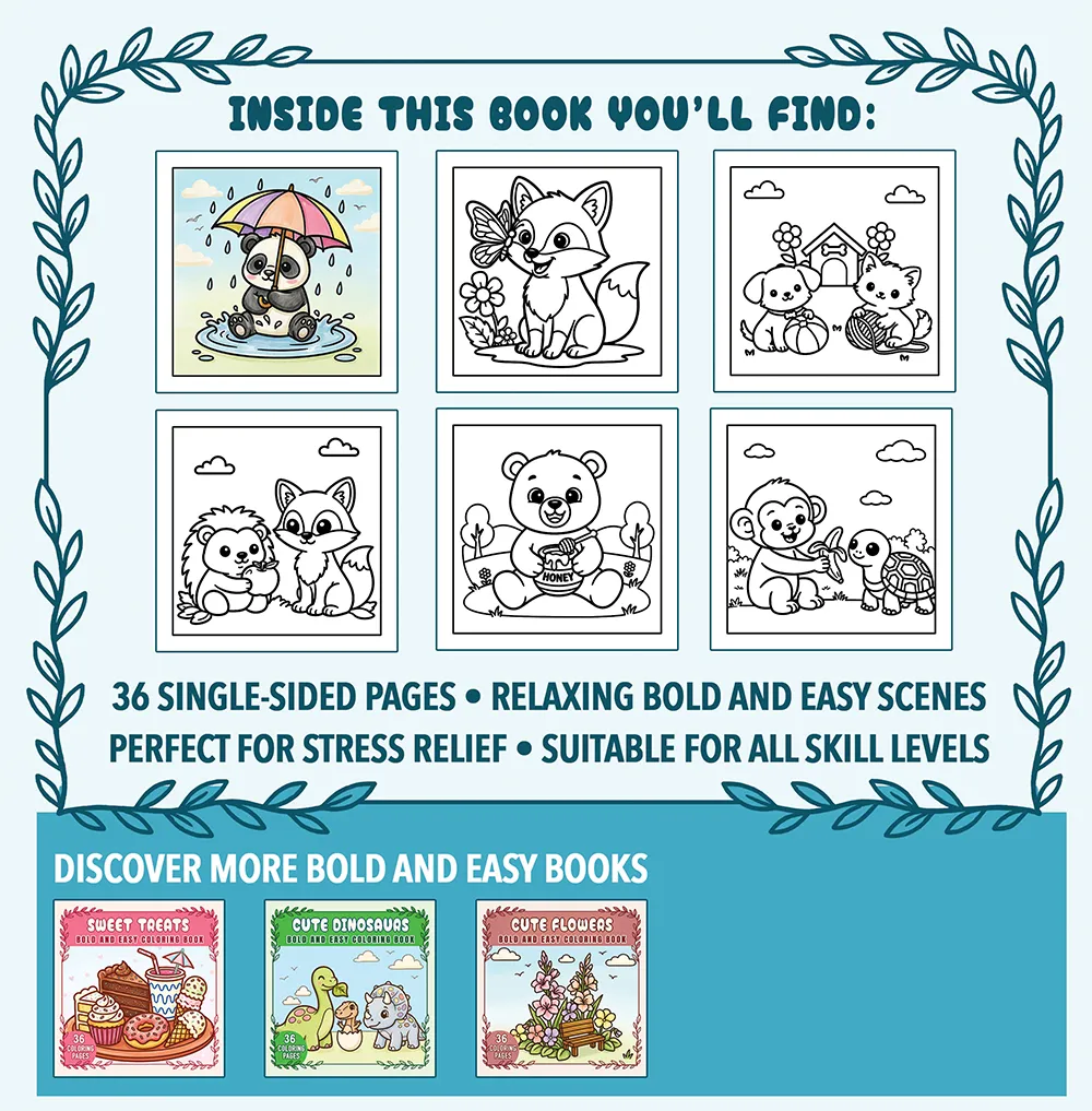 Cute Animals – Bold and Easy Printable Coloring Pages with 36 simple animal pages, bold outlines, and easy designs for young kids and beginners.