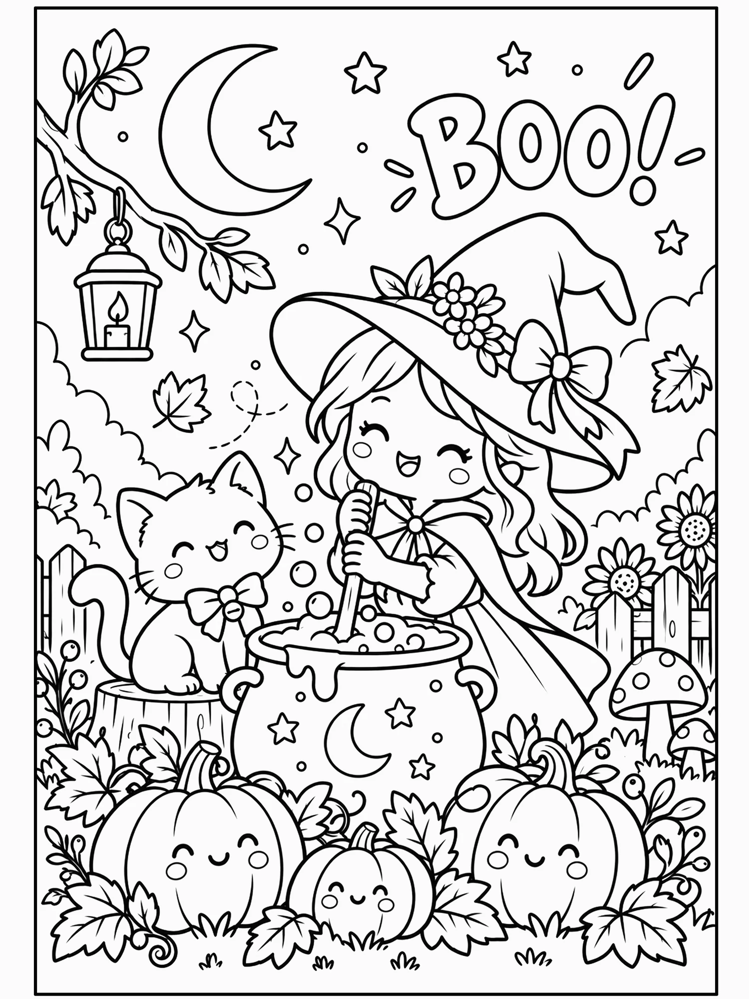 Cute Halloween Witch and Black Cat BOO Wall Art in Coloring Page / Line Art.