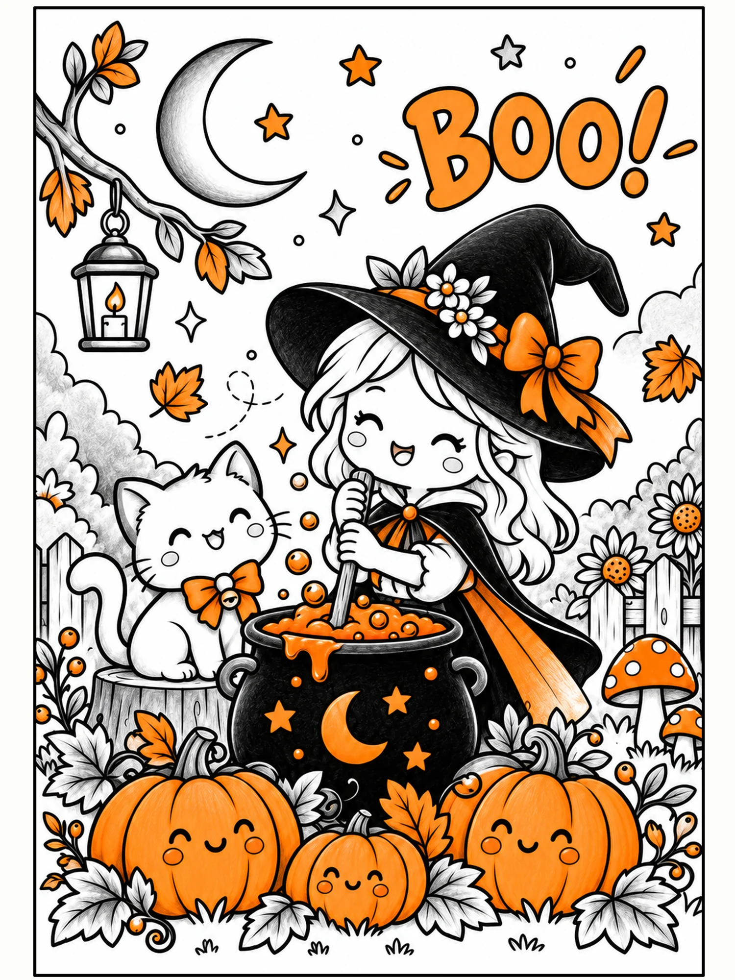 Cute Halloween Witch and Black Cat BOO Wall Art in Black + Accent Color.