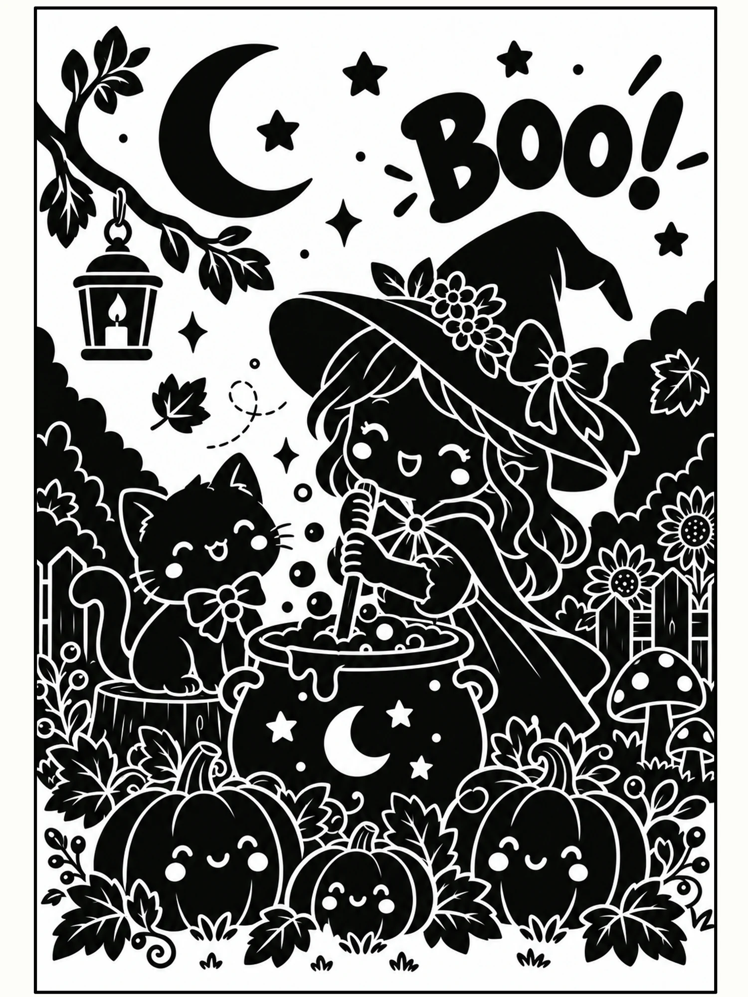 Cute Halloween Witch and Black Cat BOO Wall Art in Flat Black.