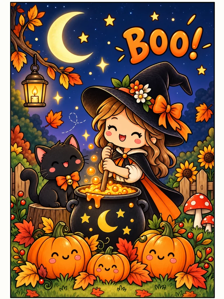 Cute Halloween Witch and Black Cat BOO Wall Art in Full Color.