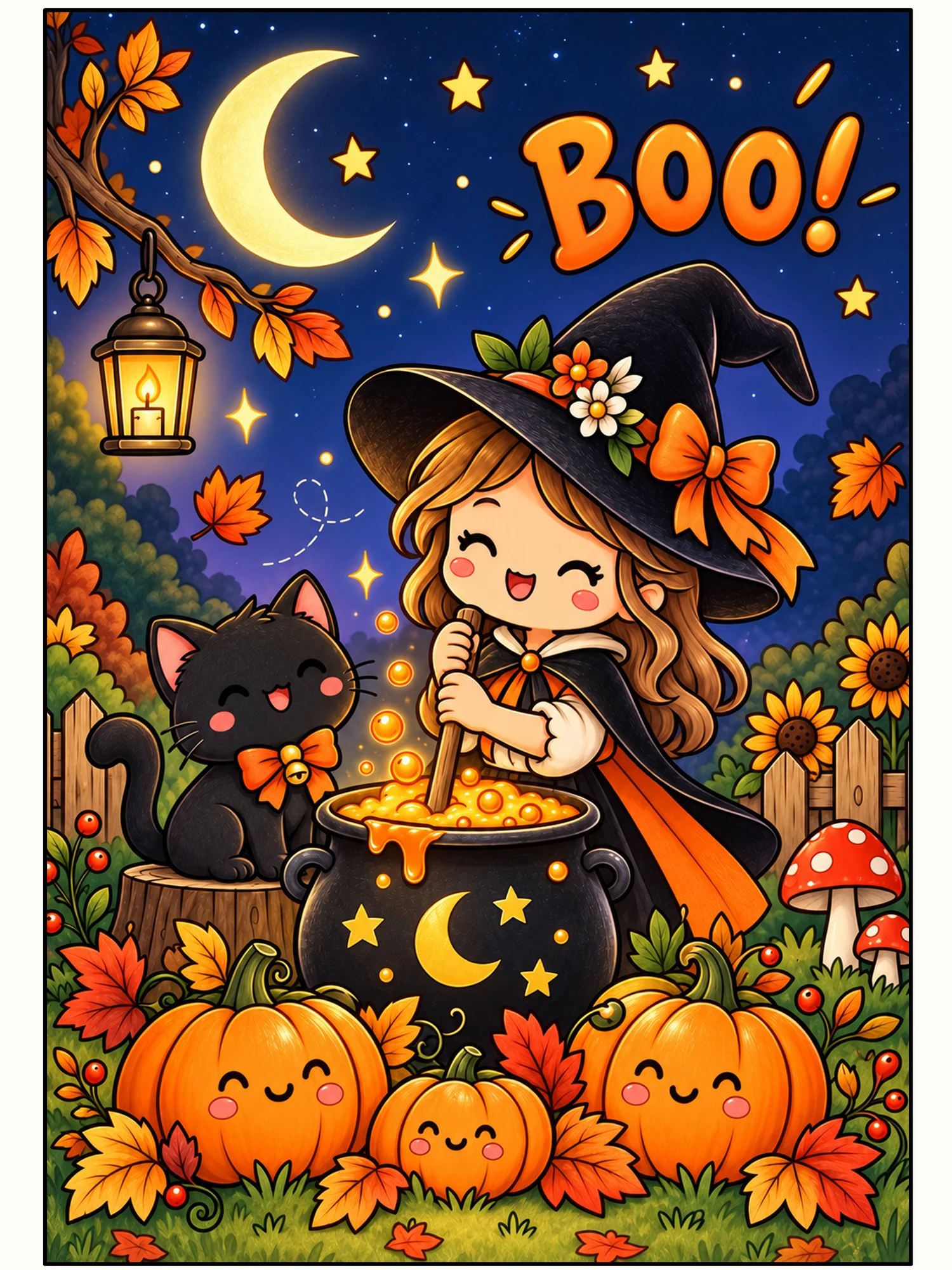 Cute Halloween Witch and Black Cat BOO Wall Art in Full Color.