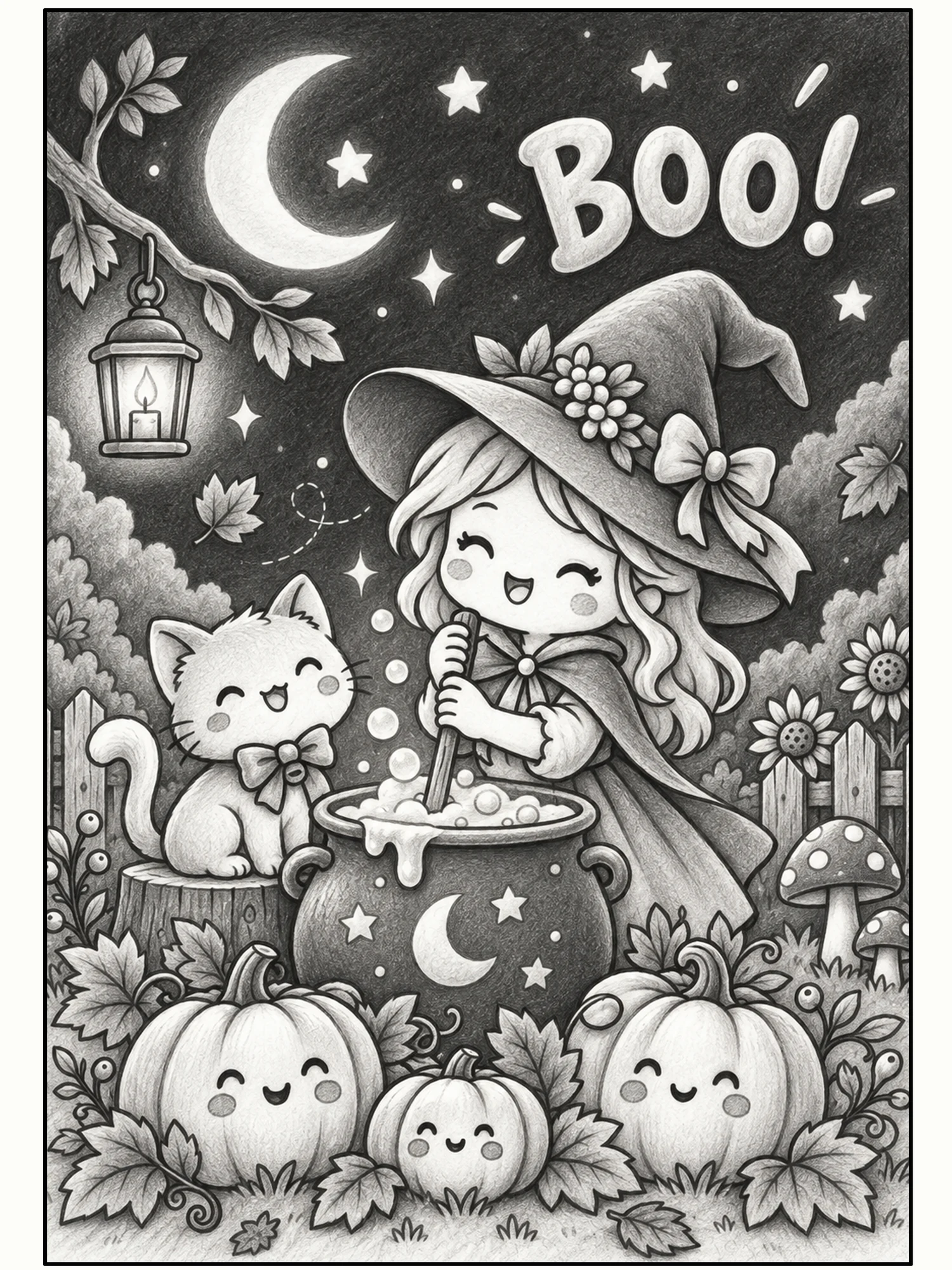 Cute Halloween Witch and Black Cat BOO Wall Art in Graphite Black.