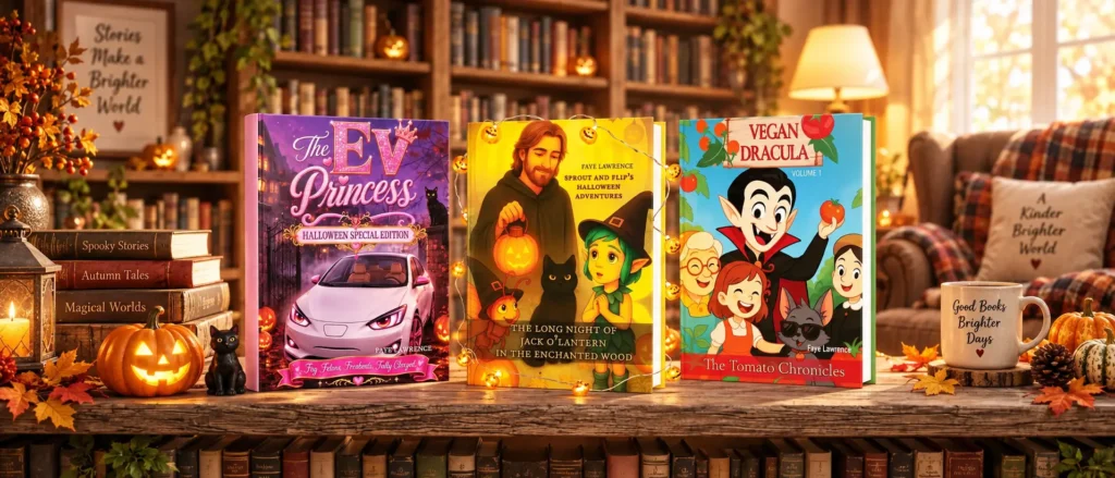 Illustrated storybooks from The Auralis Books, including The EV Princess, Vegan Dracula and Sprout and Flip, on a cozy bookshelf