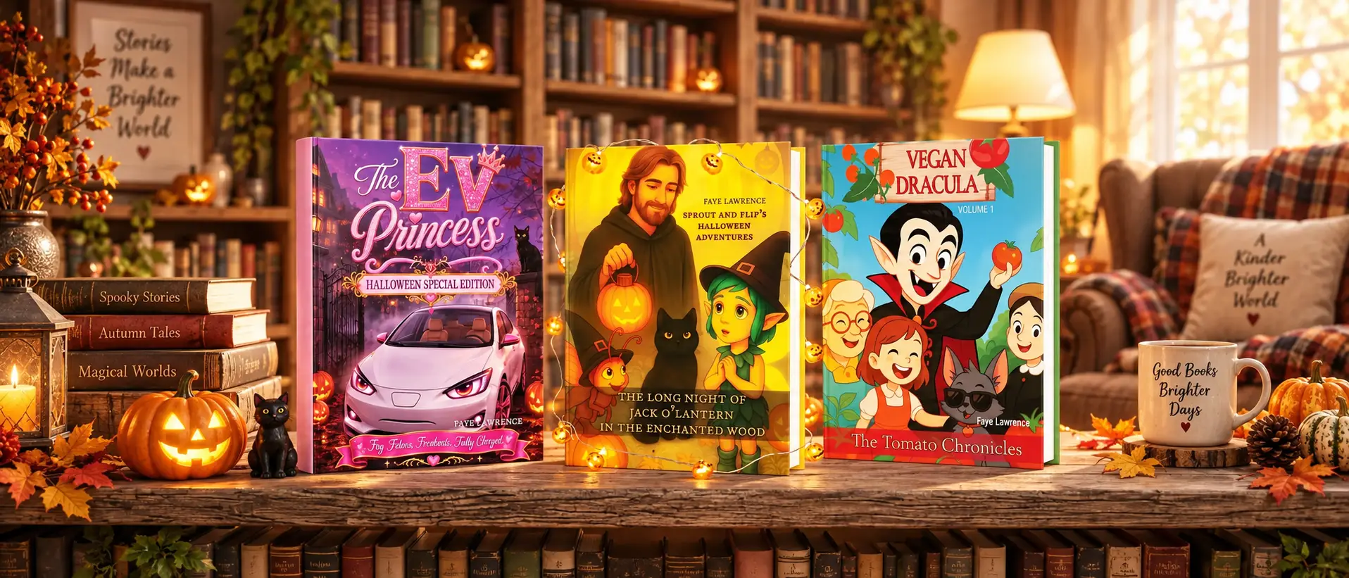 Illustrated storybooks from The Auralis Books, including The EV Princess, Vegan Dracula and Sprout and Flip, on a cozy bookshelf