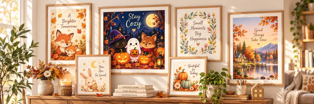 Framed printable wall art from The Auralis Books, with cozy Halloween and autumn prints on a sideboard