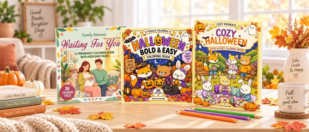 Auralis coloring books, including Waiting For You, Bold and Easy and Cozy Halloween, with colored pencils on a cozy table
