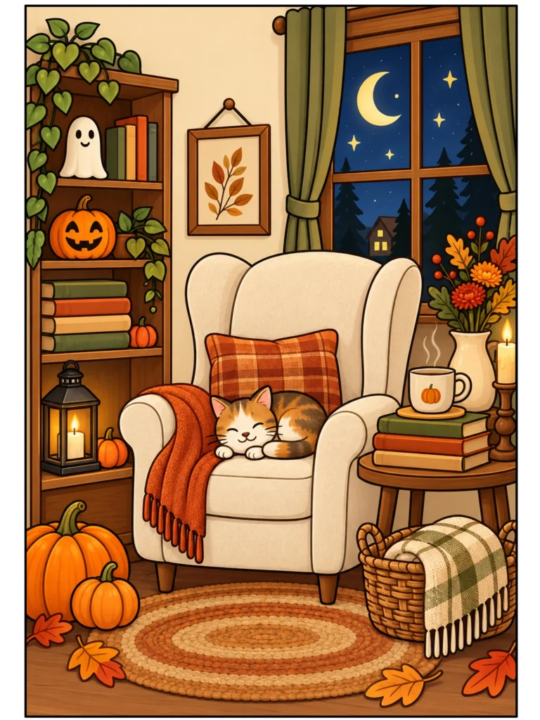 Cozy Cat Beneath the Harvest Moon Wall Art in Full Color.