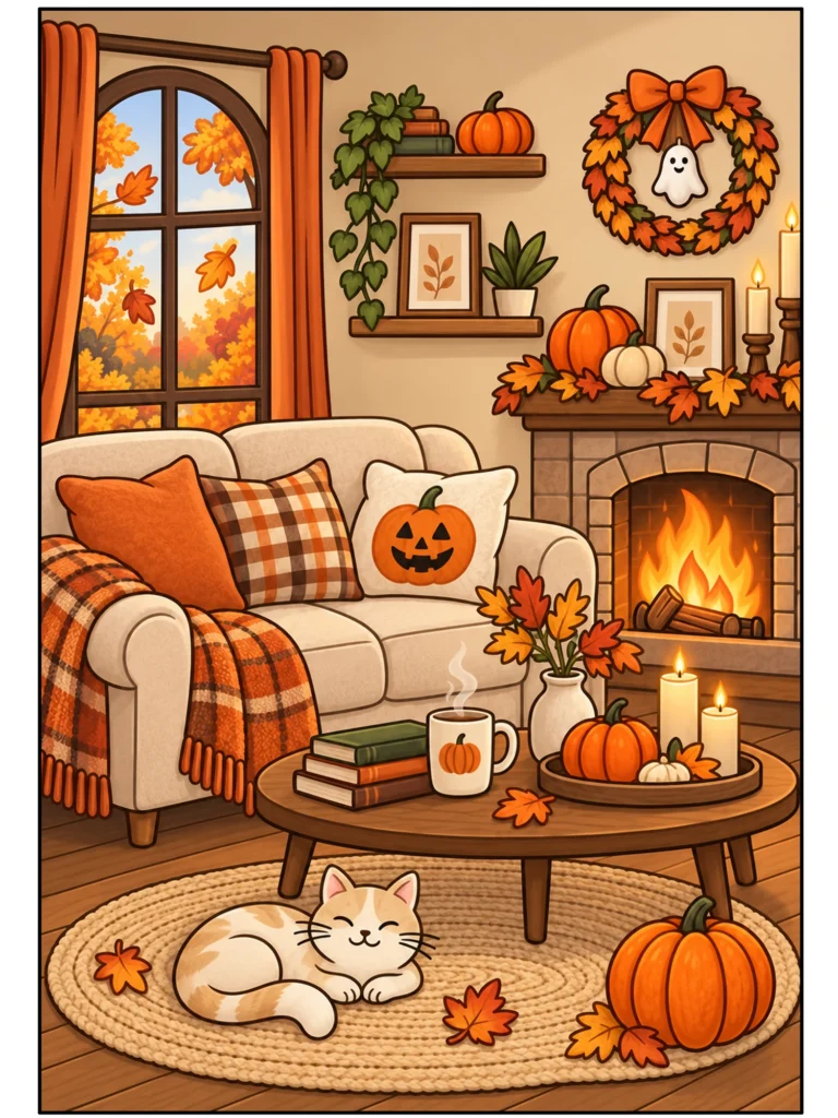 Pumpkin Glow and Sleeping Cat Cozy Halloween Wall Art in Full Color.