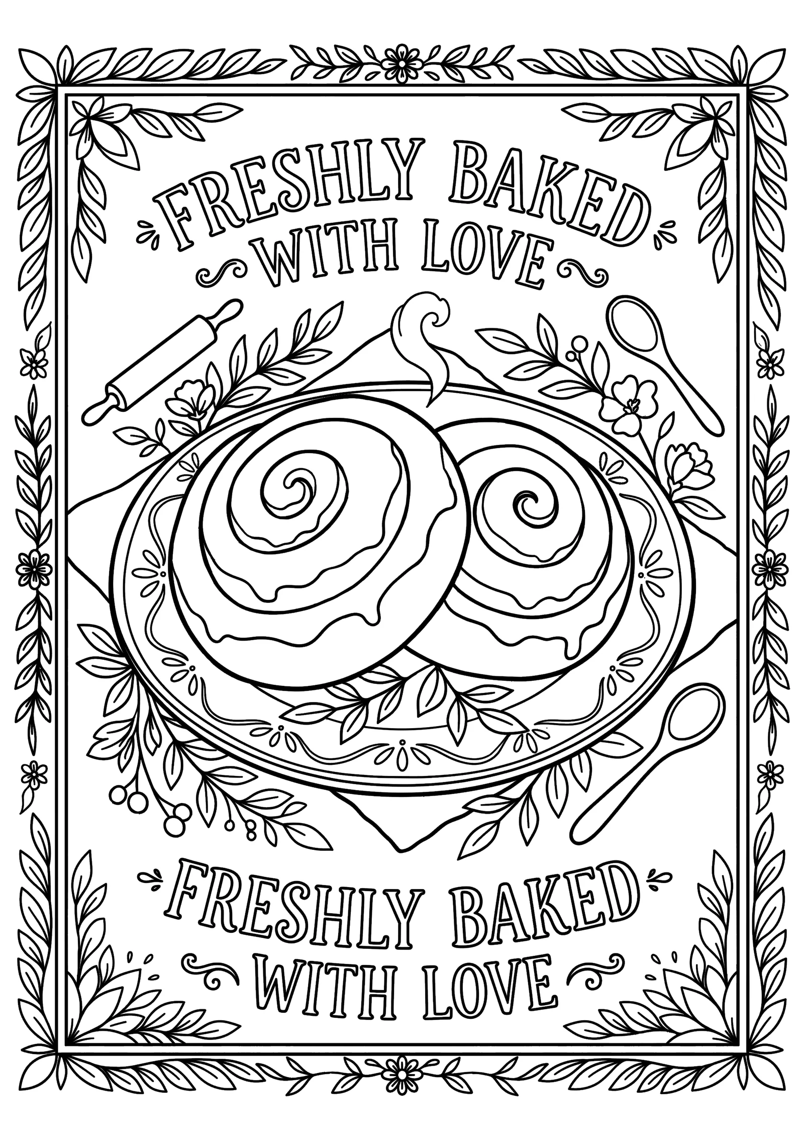 Freshly Baked With Love farmhouse kitchen wall art as a coloring page / line art