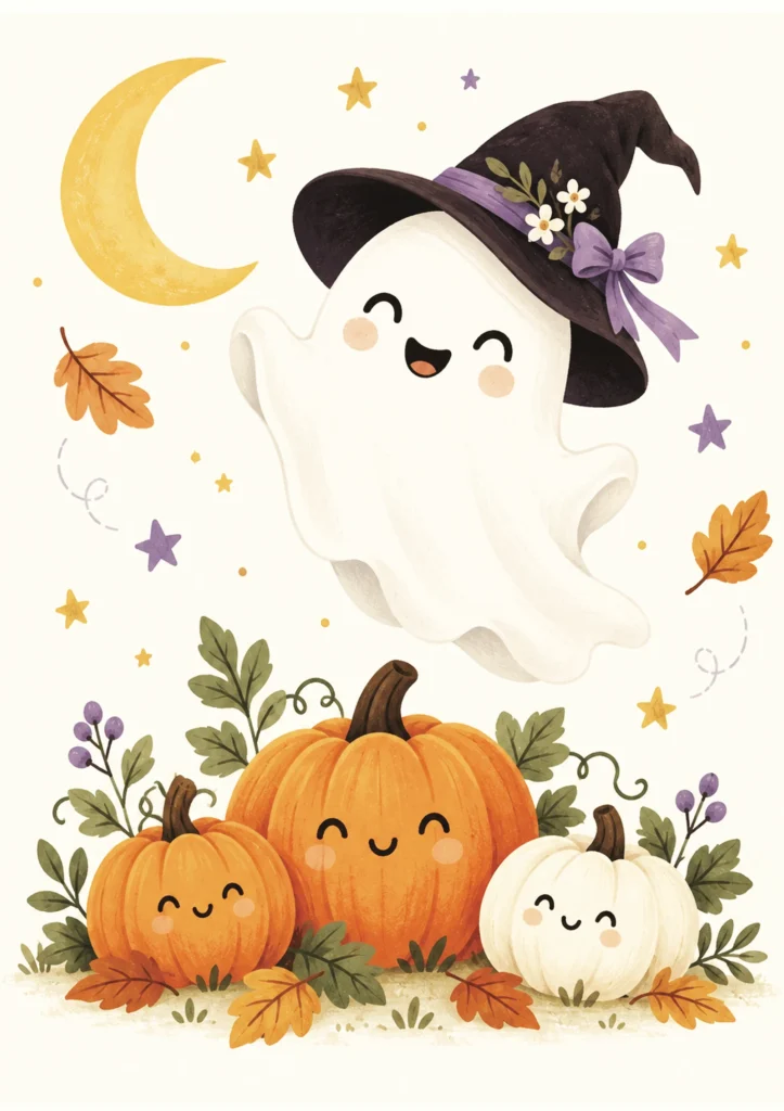 Halloween ghost wall art in full color: a smiling ghost in a witch hat with pumpkins, moon and stars
