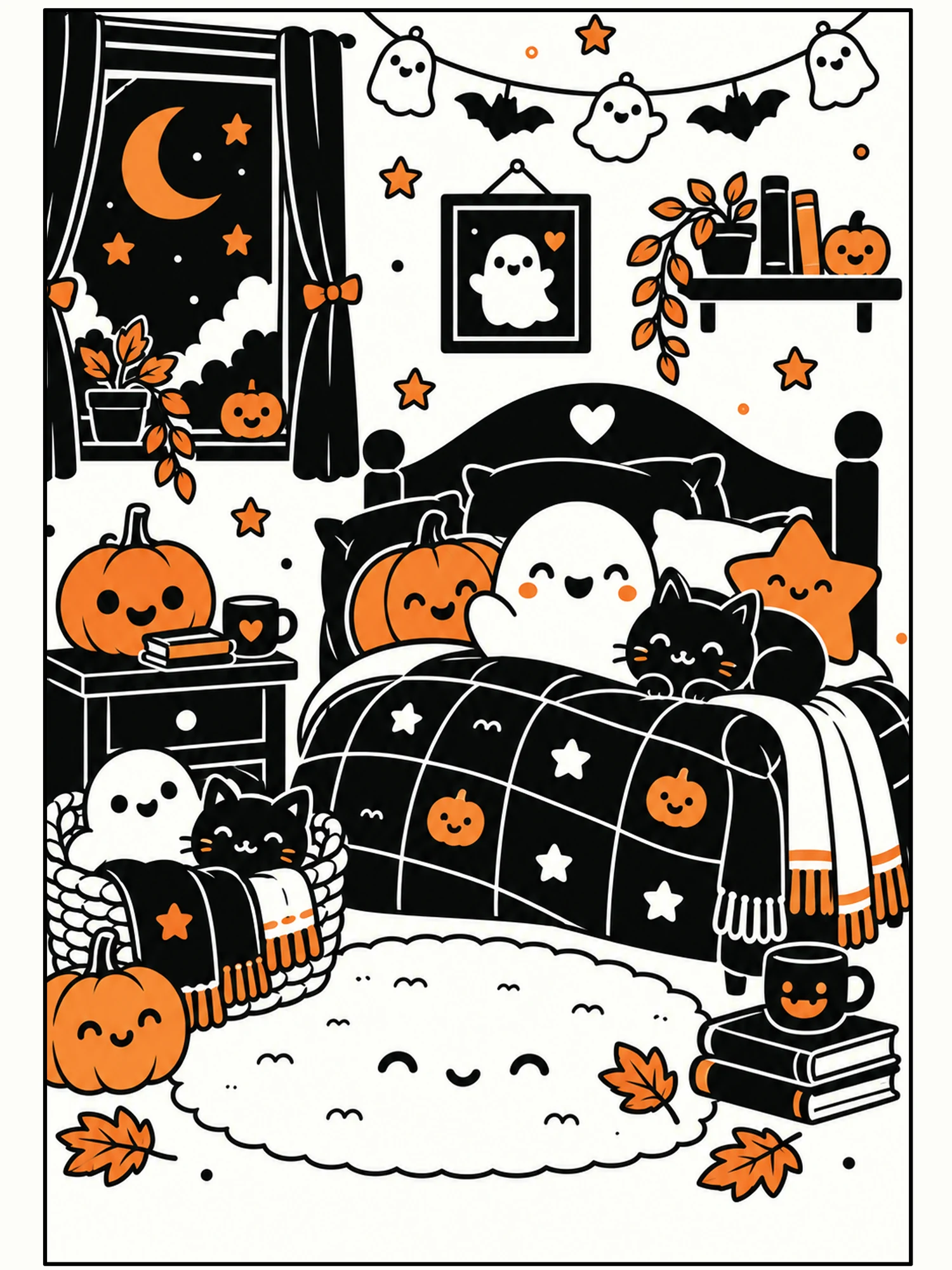 Cozy Halloween Bedroom with Ghosts, Pumpkins and Cats Wall Art
