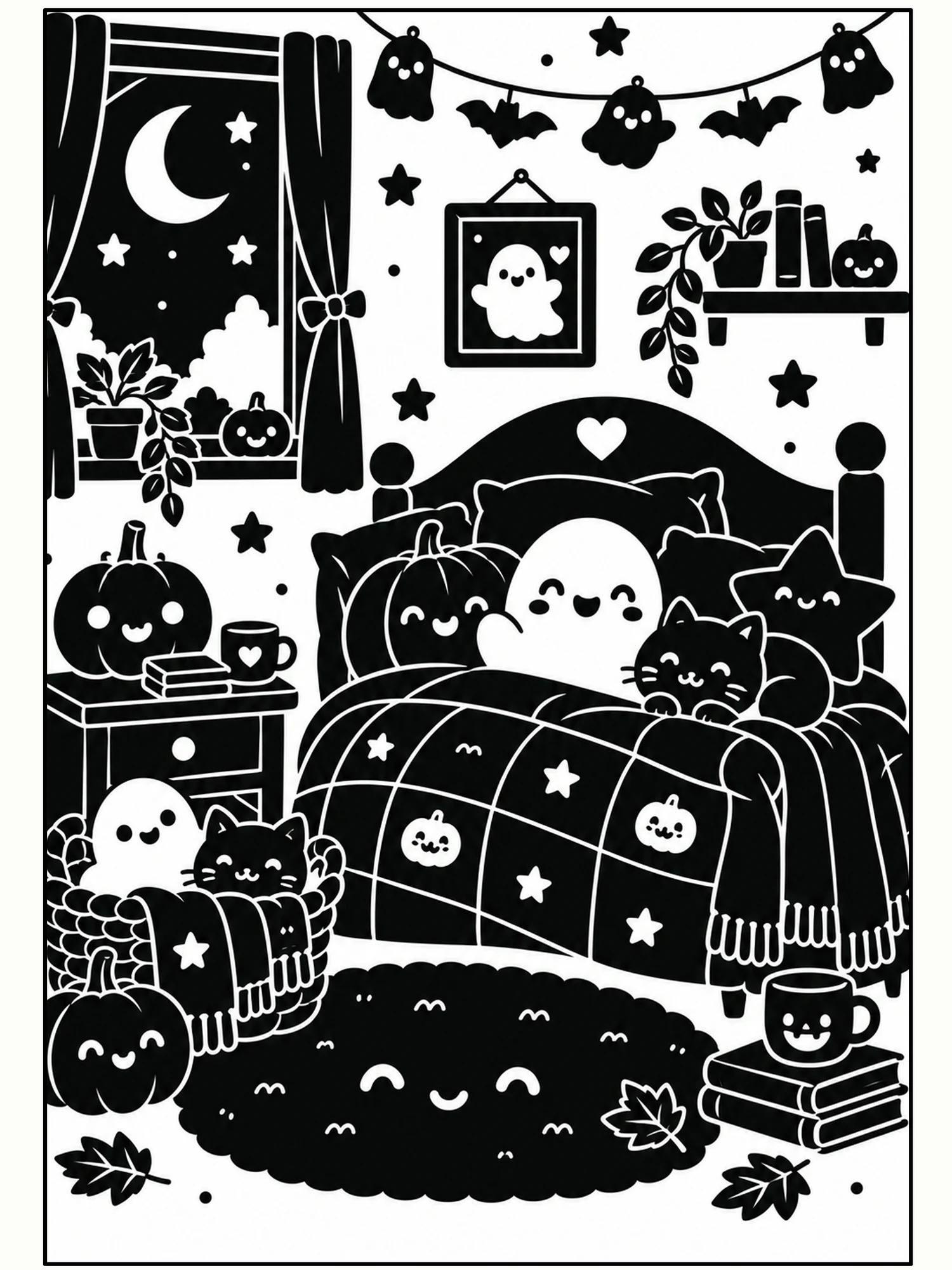 Cozy Halloween Bedroom with Ghosts, Pumpkins and Cats Wall Art