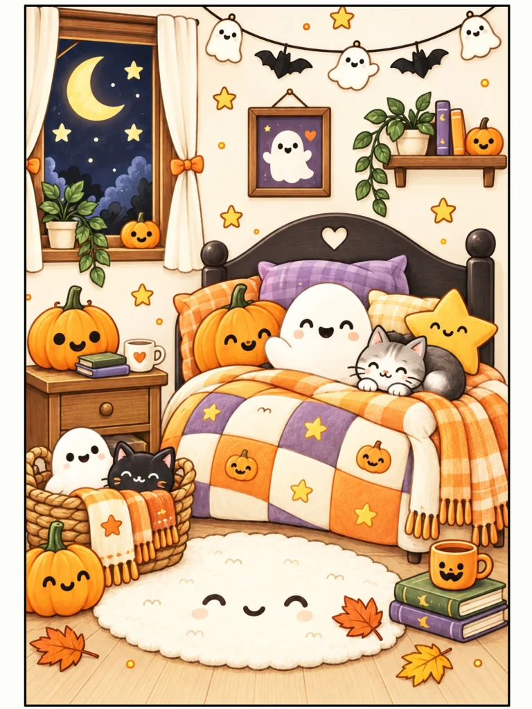 Cozy Halloween Bedroom with Ghosts, Pumpkins and Cats Wall Art