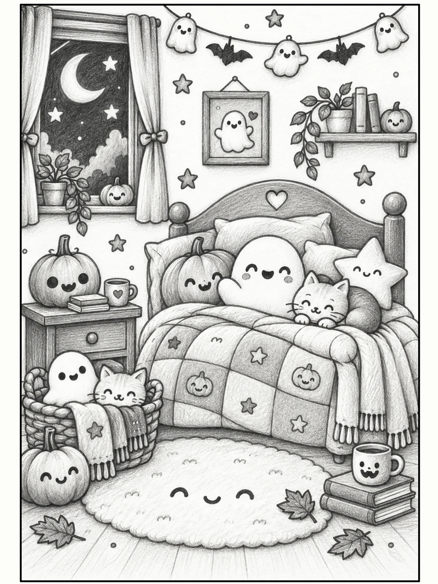 Cozy Halloween Bedroom with Ghosts, Pumpkins and Cats Wall Art