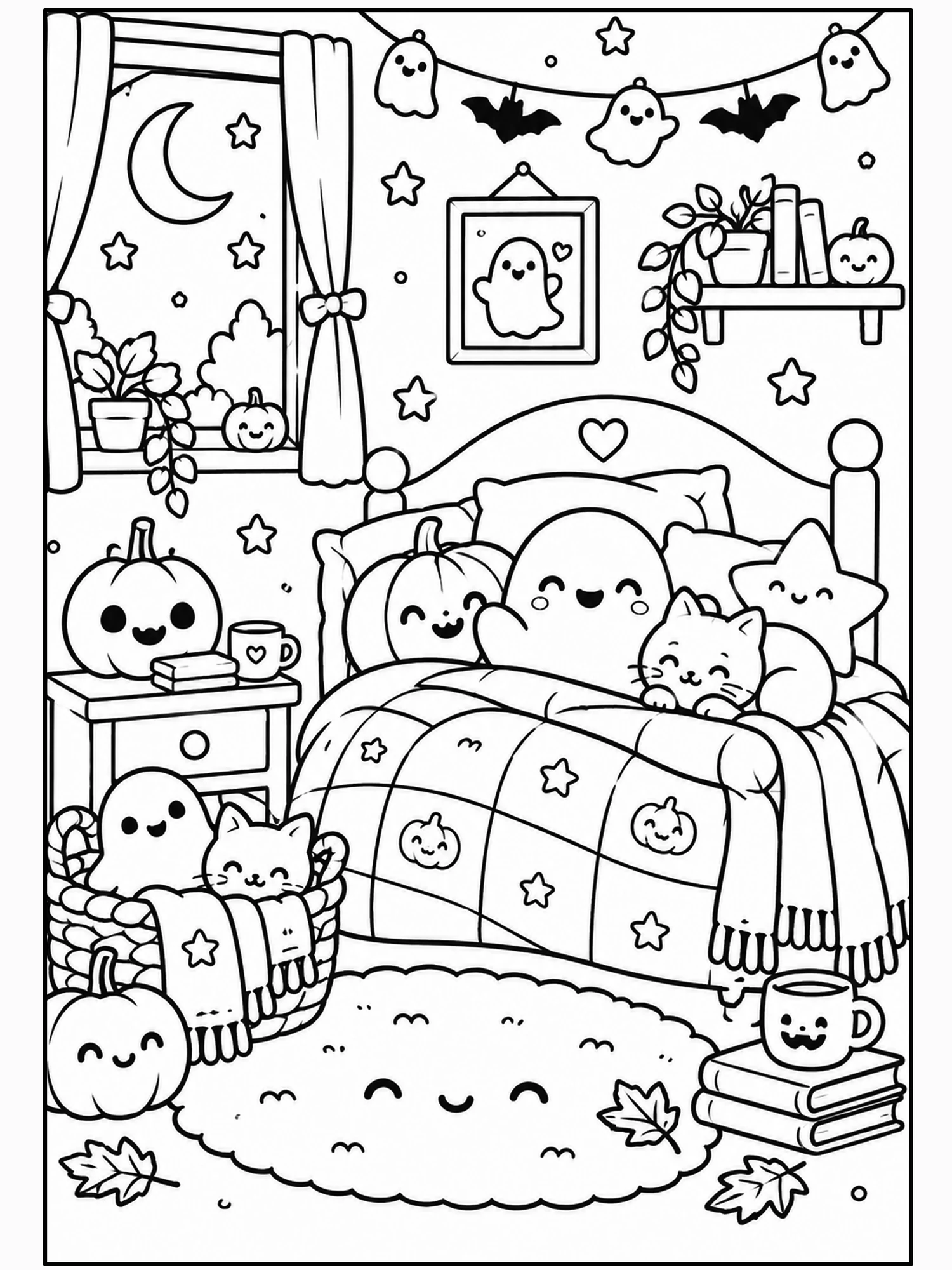Cozy Halloween Bedroom with Ghosts, Pumpkins and Cats Wall Art