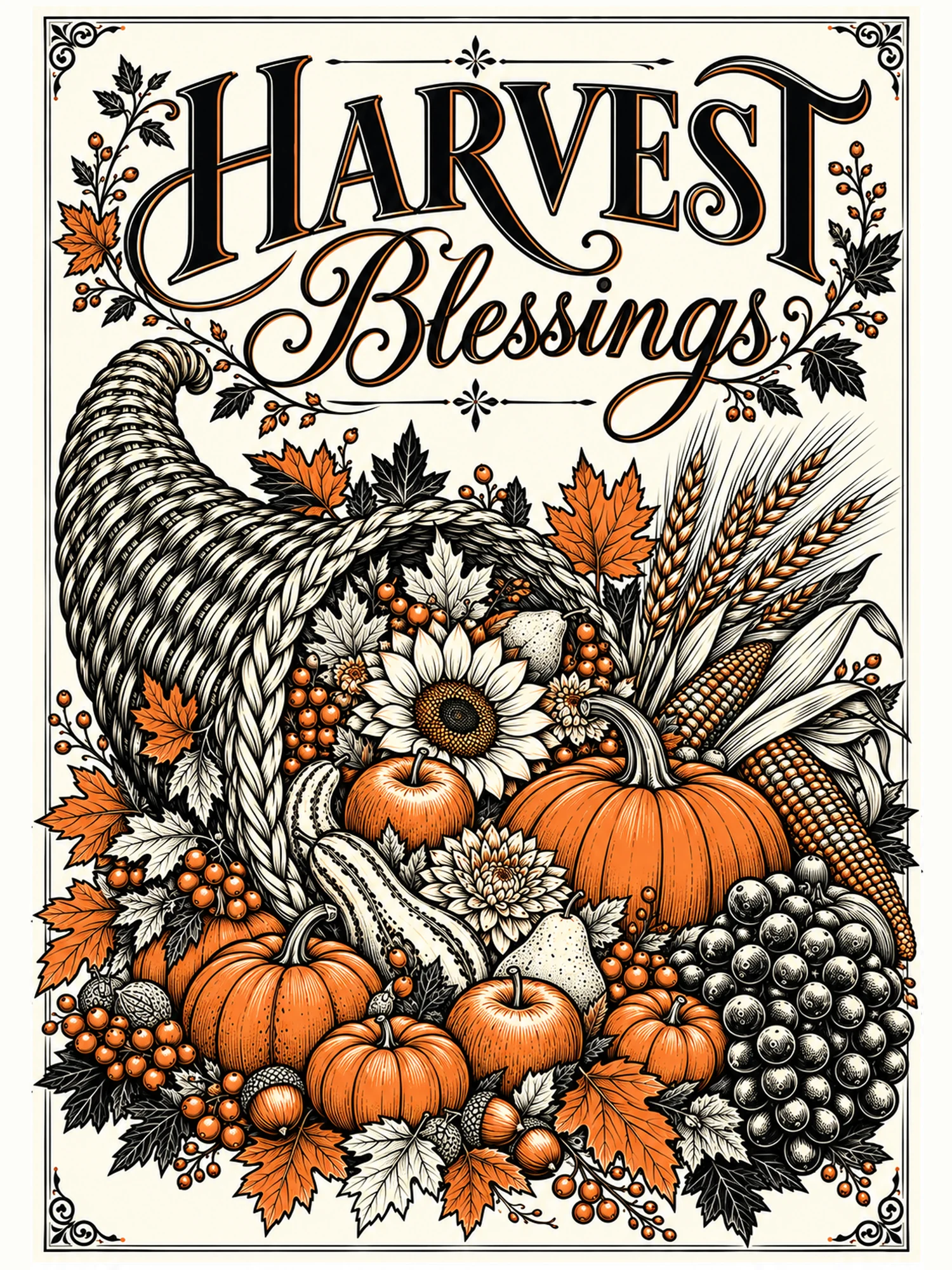 Harvest Blessings Thanksgiving cornucopia wall art in black with warm autumn accent colors.