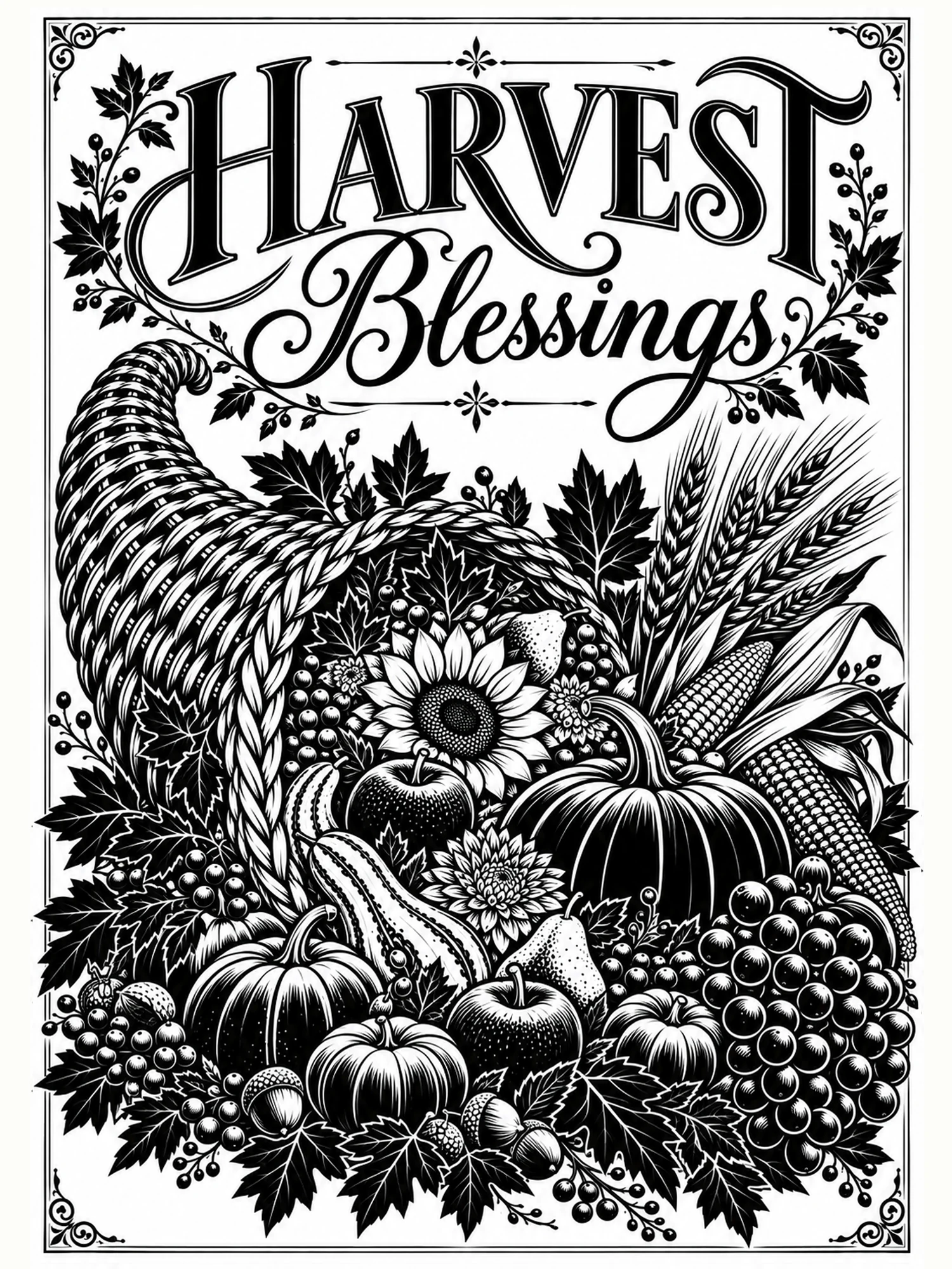 Harvest Blessings cornucopia printable wall art in a clean flat-black style.