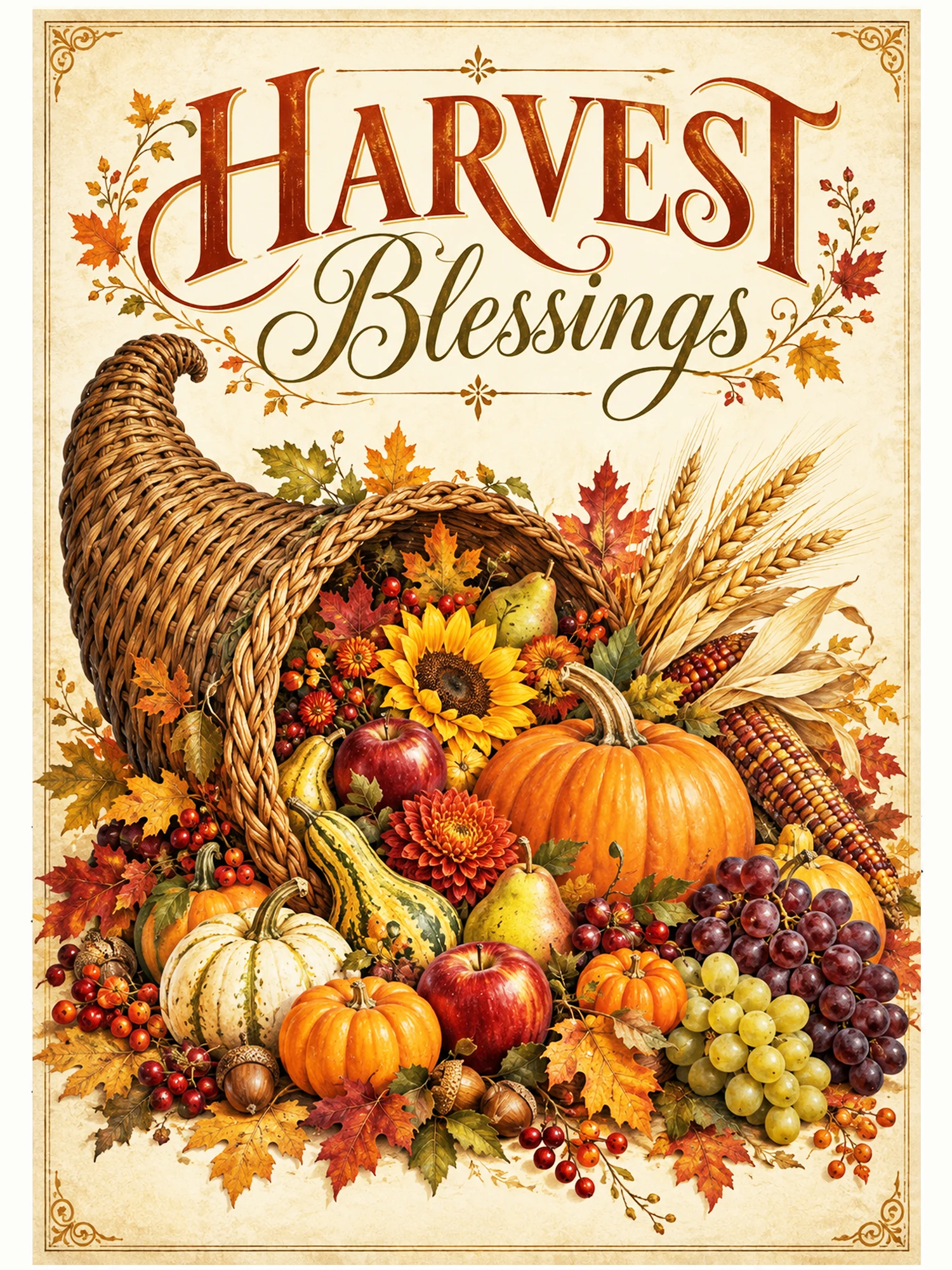 Vintage Thanksgiving wall art reading Harvest Blessings, with an abundant cornucopia of pumpkins, gourds, apples, grapes, sunflowers and autumn foliage.