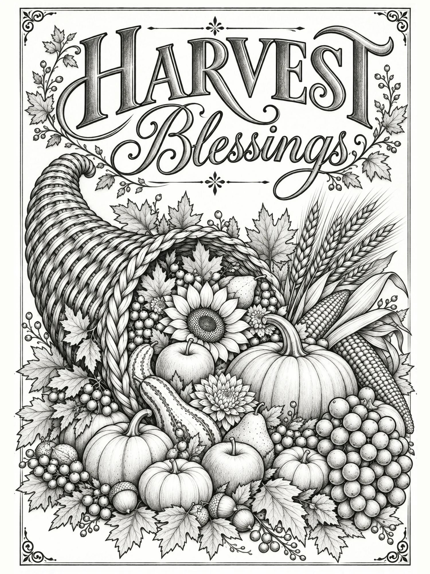 Harvest Blessings autumn cornucopia wall art in a soft graphite-black style.