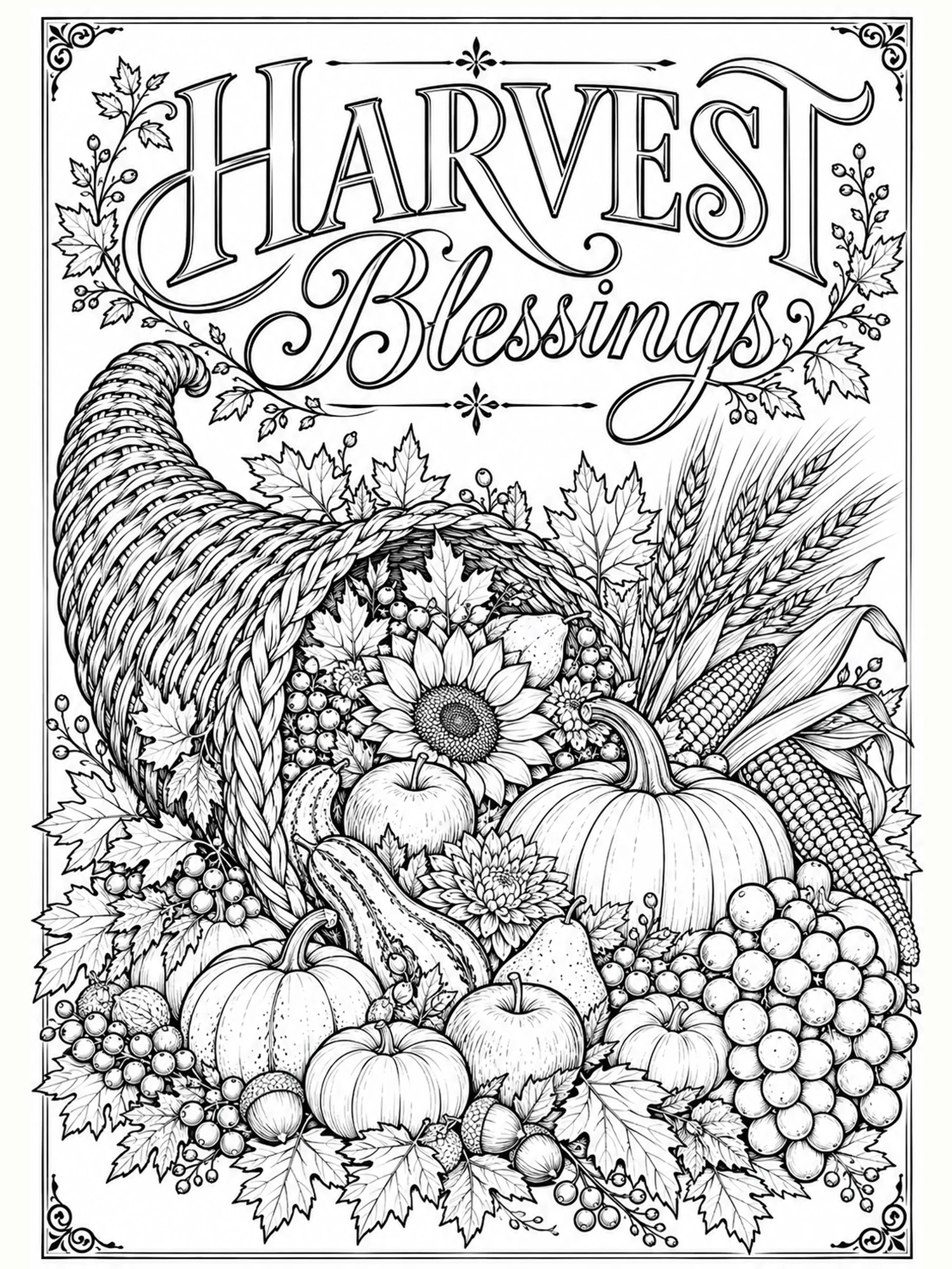 Harvest Blessings Thanksgiving cornucopia printable in detailed black-and-white line art for coloring.