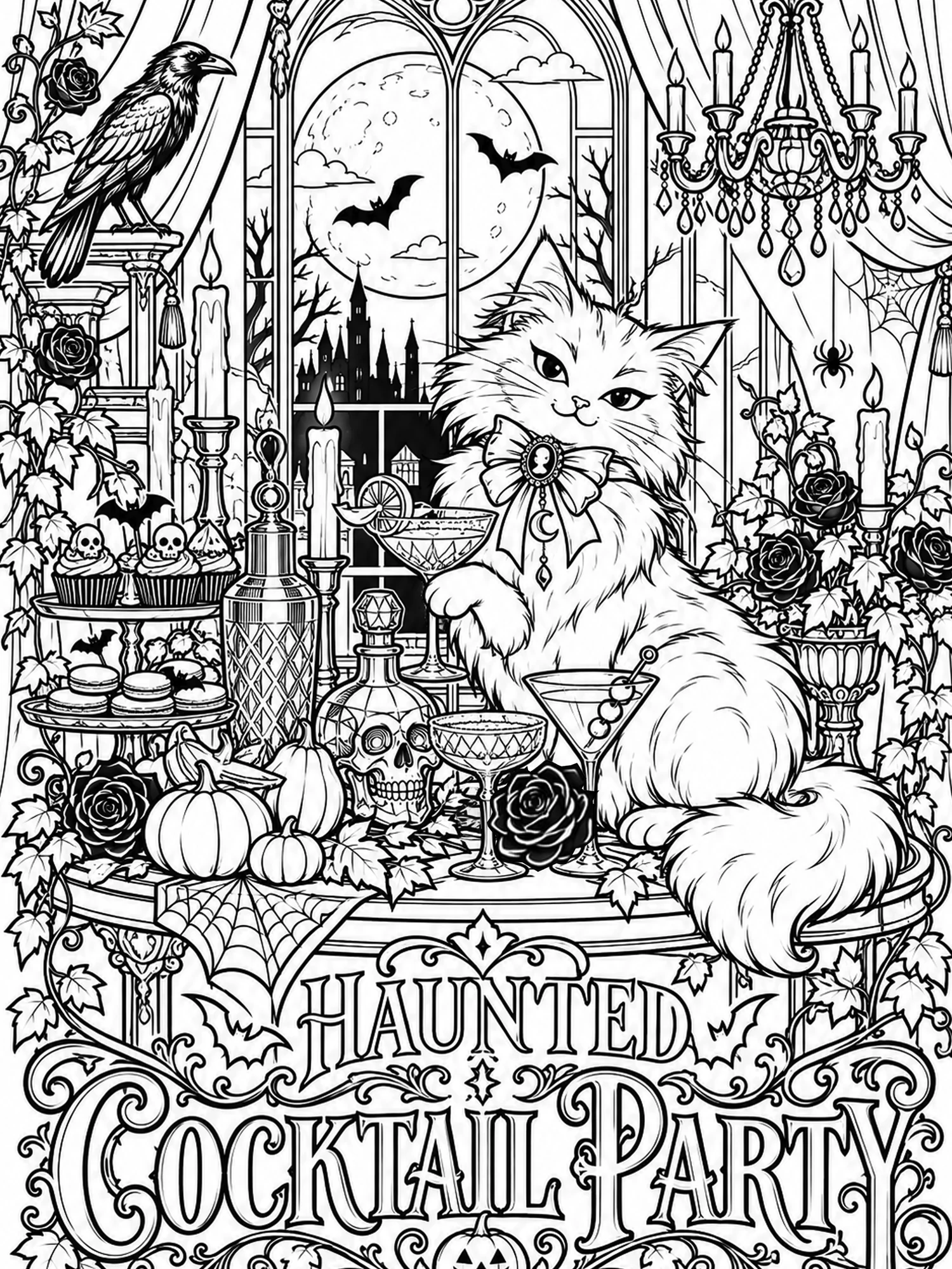 The Haunted Cocktail Party Wall Art in Coloring Page / Line Art.
