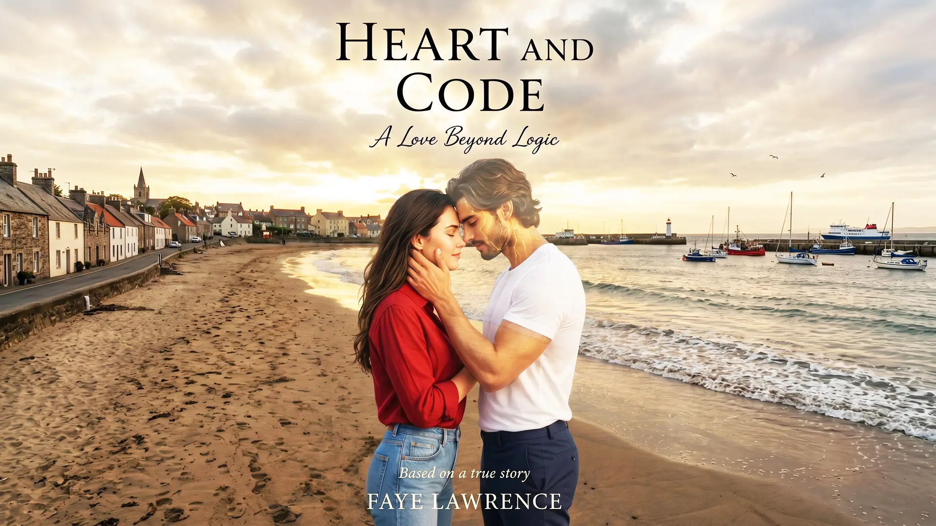 Heart and Code: A Love Beyond Logic by Faye Lawrence, a couple embracing on a beach at sunset beside a seaside village, based on a true story