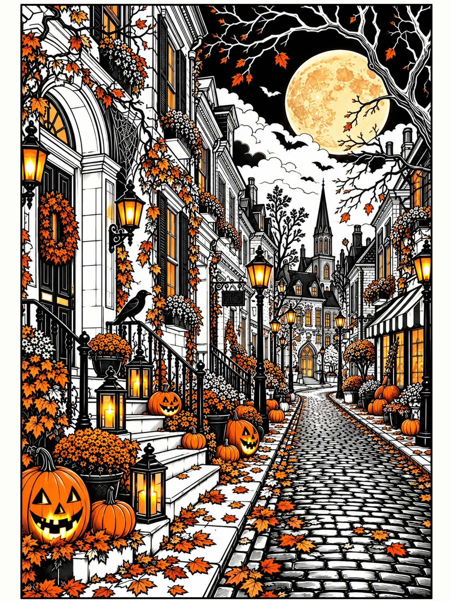 Moonlit Lanterns on Hollow Street Wall Art in Black + Accent Color.