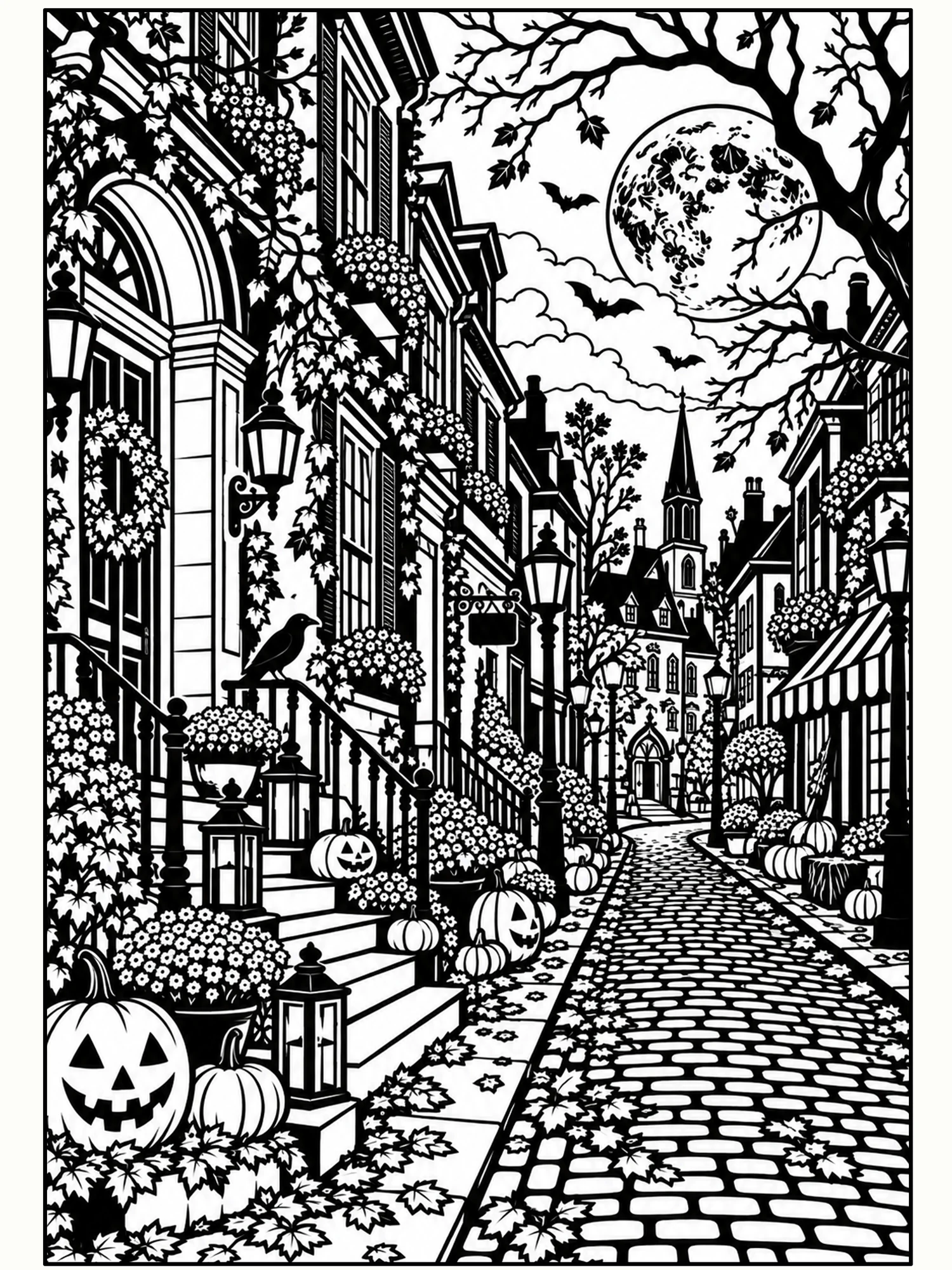 Moonlit Lanterns on Hollow Street Wall Art in Flat Black.