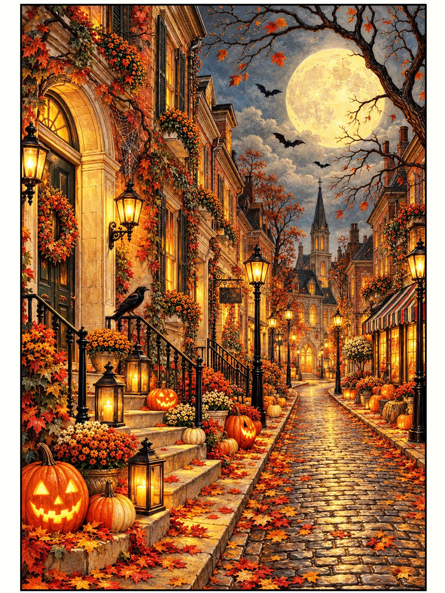 Moonlit Lanterns on Hollow Street Wall Art in Full Color.