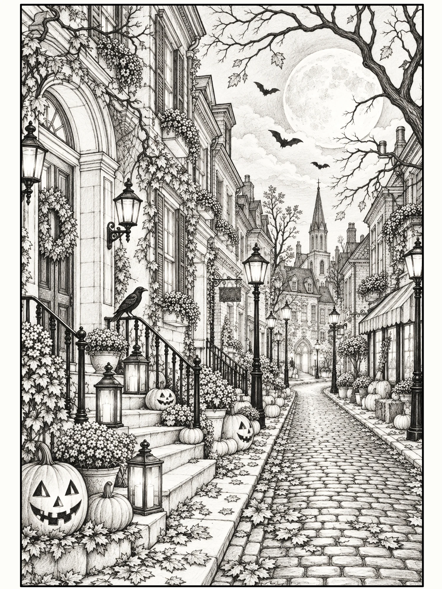 Moonlit Lanterns on Hollow Street Wall Art in Graphite Black.