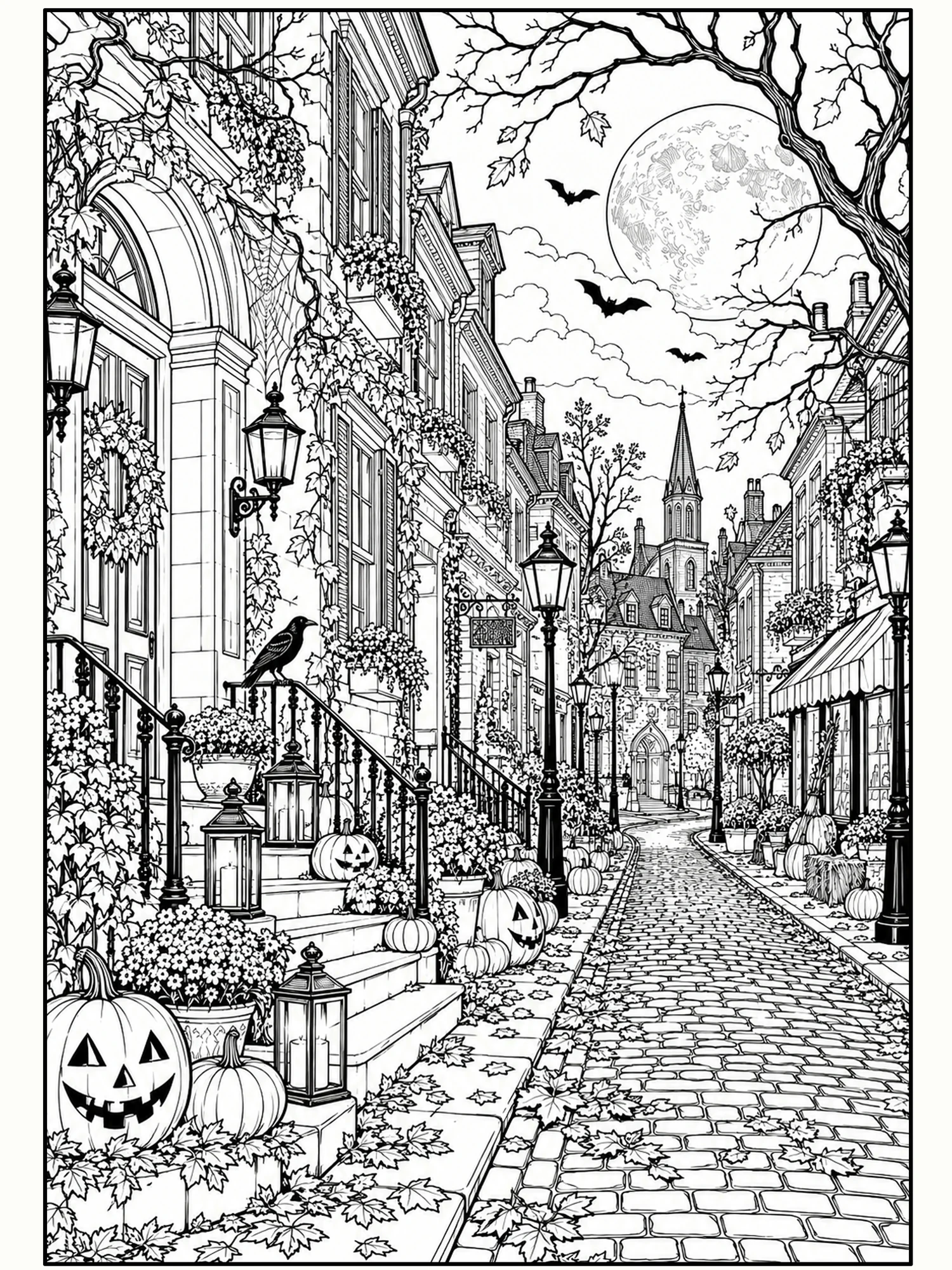 Moonlit Lanterns on Hollow Street Wall Art in Coloring Page / Line Art.