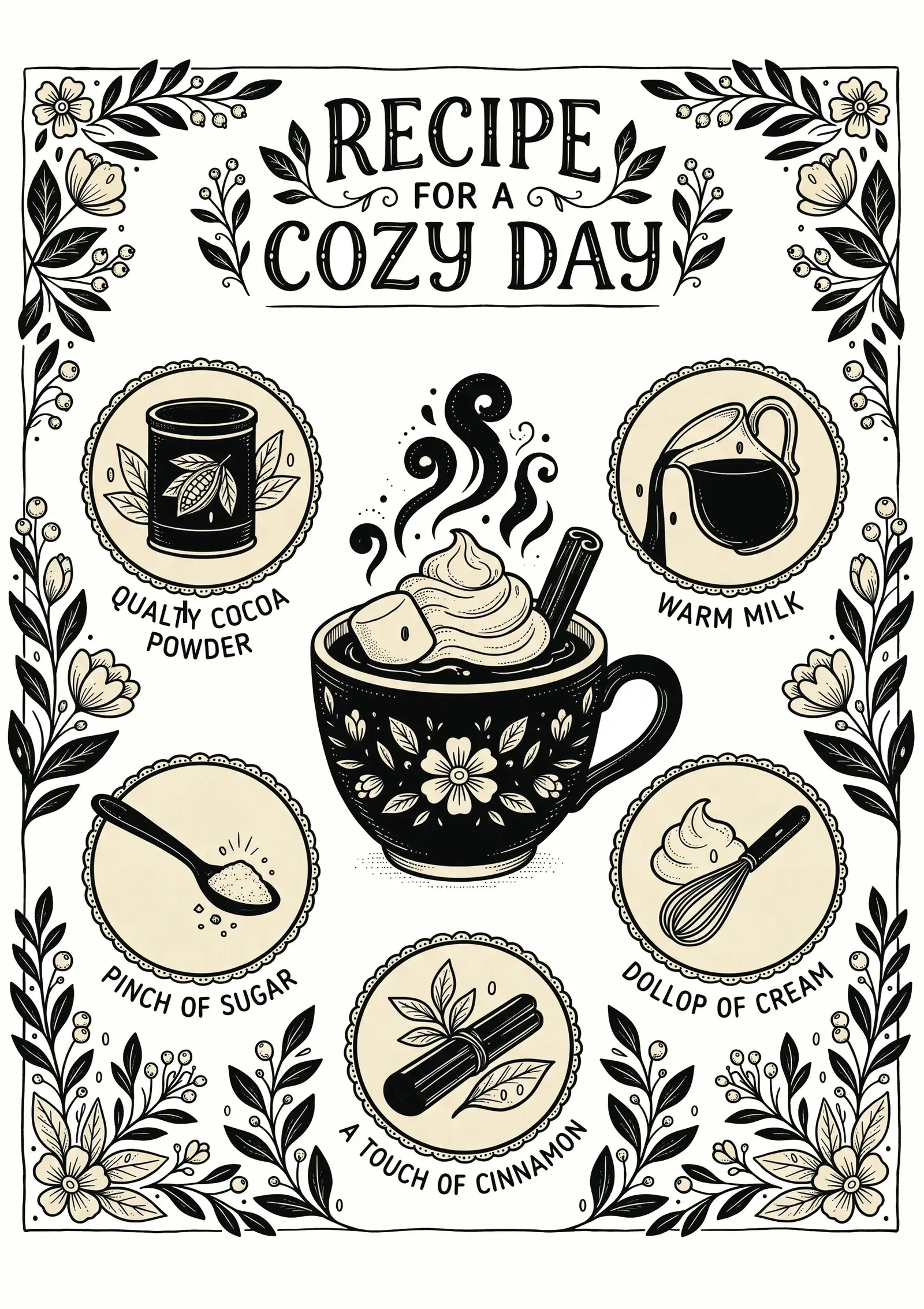 Recipe for a Cozy Day hot cocoa kitchen wall art in black with an accent color