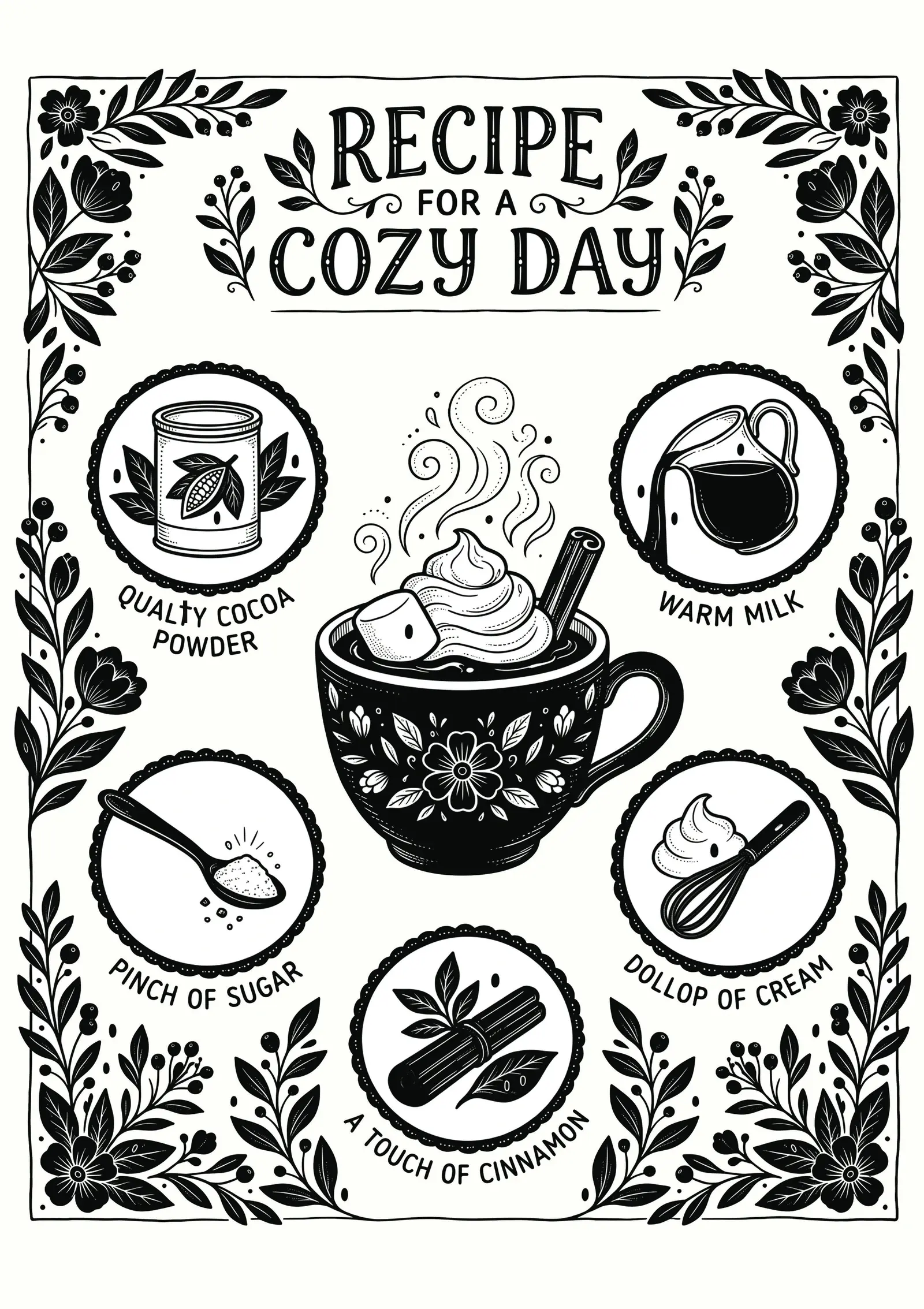 Recipe for a Cozy Day hot cocoa kitchen wall art in the flat black style