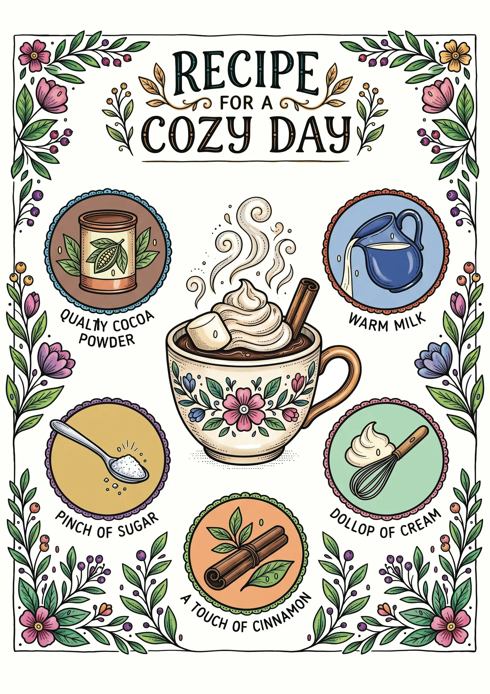 Recipe for a Cozy Day hot cocoa kitchen wall art in full color