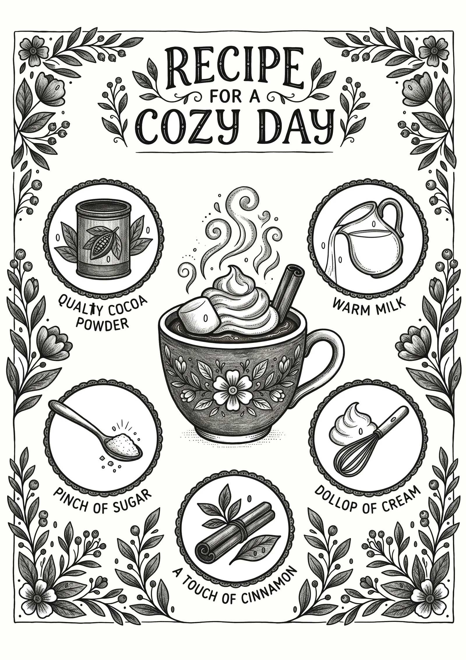 Recipe for a Cozy Day hot cocoa kitchen wall art in the graphite style
