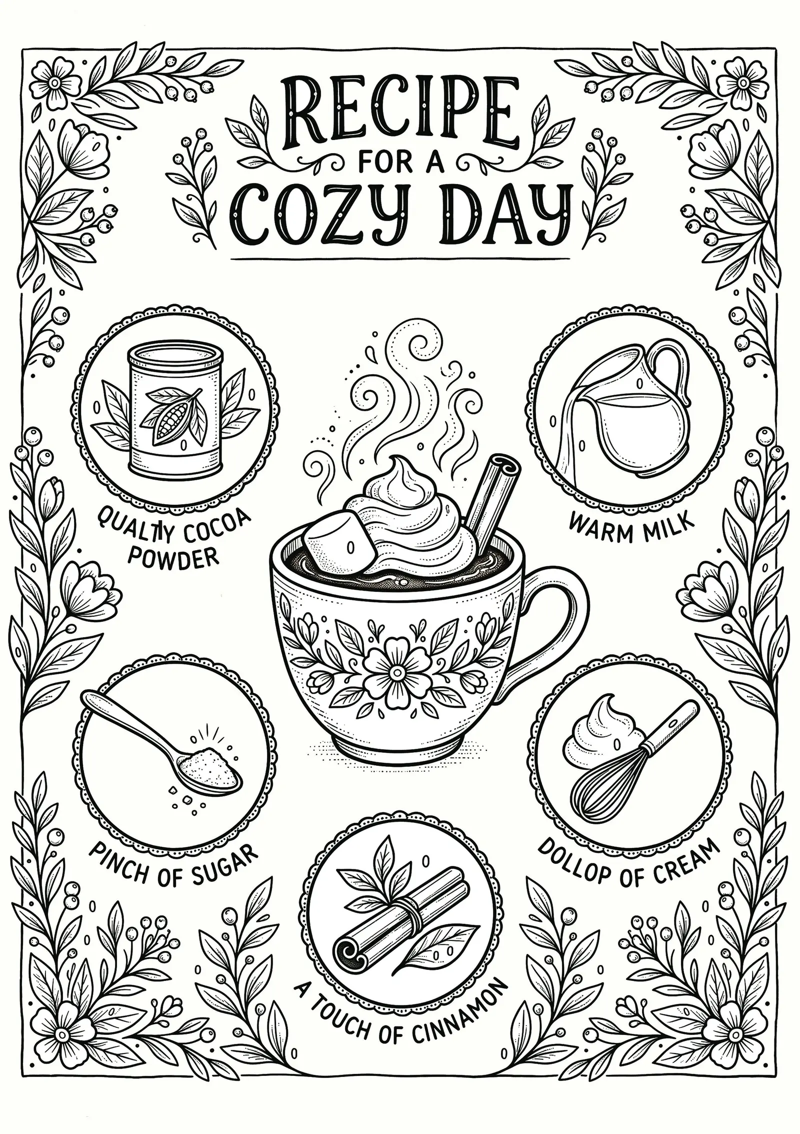 Recipe for a Cozy Day hot cocoa kitchen wall art as a coloring page / line art