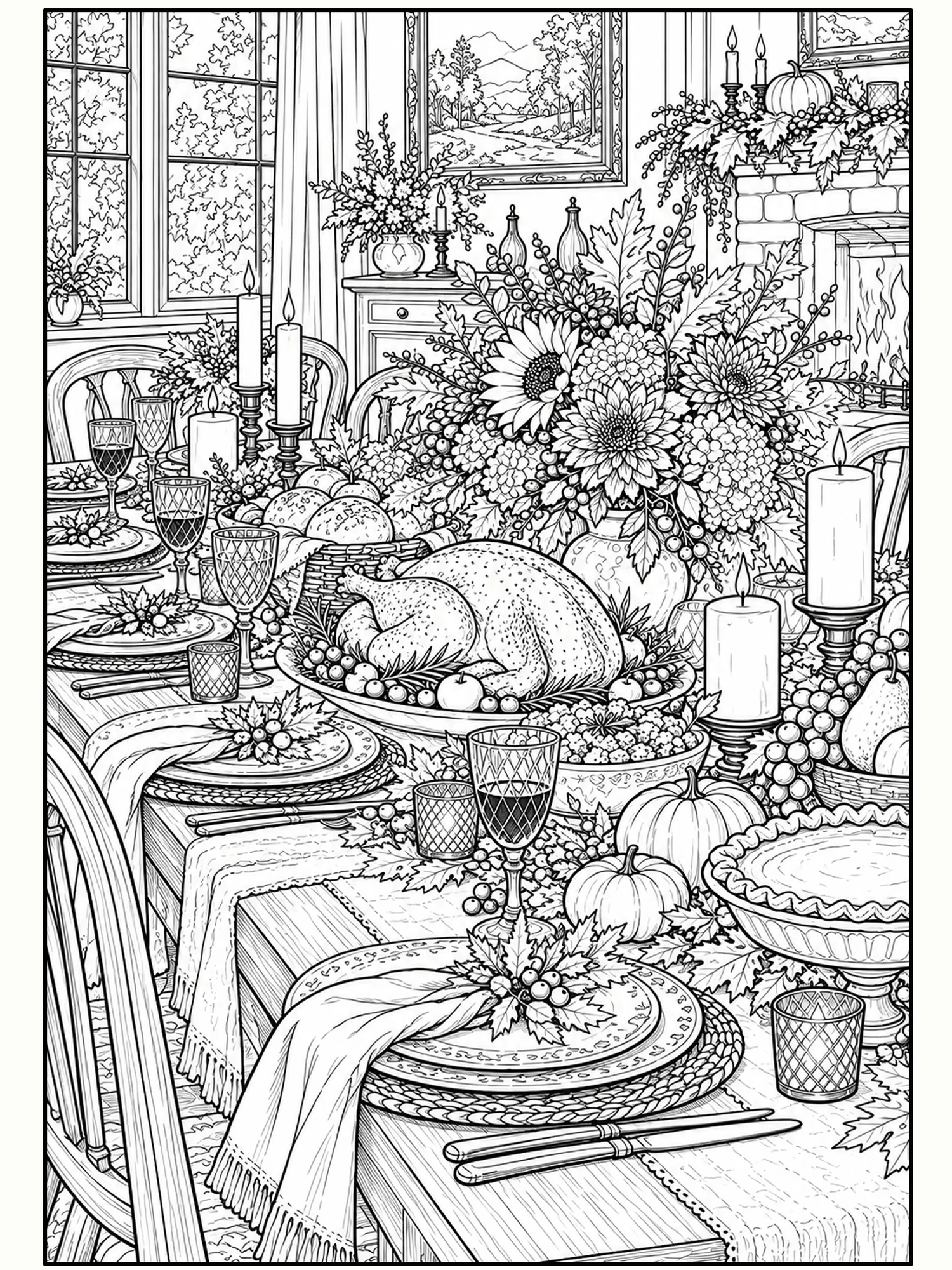 Gather Around the Harvest Table Thanksgiving Wall Art in Coloring Page / Line Art.