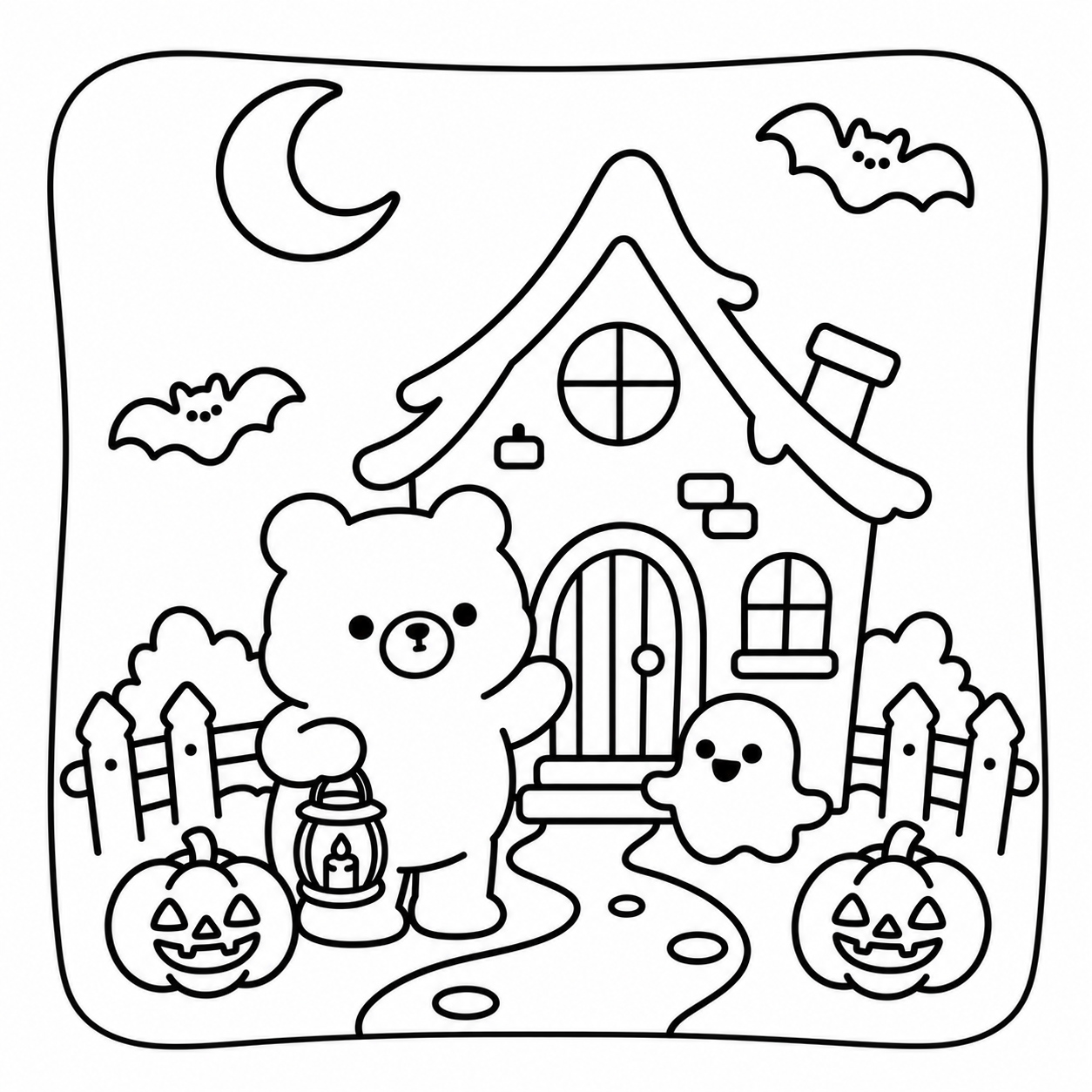 Black-and-white Halloween coloring page of a teddy bear with a lantern outside a cottage, with a friendly ghost, bats, pumpkins and crescent moon.