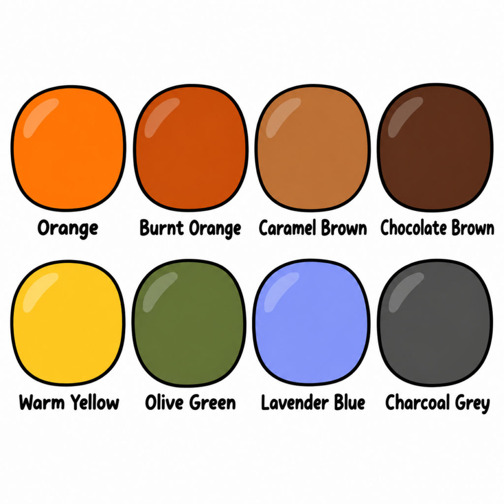 Eight Halloween coloring palette swatches labeled Orange, Burnt Orange, Caramel Brown, Chocolate Brown, Warm Yellow, Olive Green, Lavender Blue and Charcoal Grey.