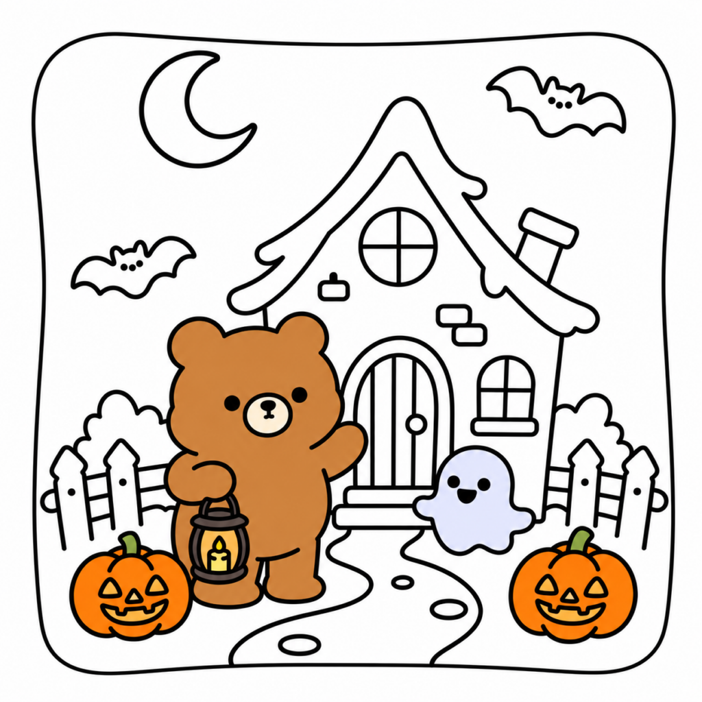 Partly colored Halloween coloring page showing a bear with a lantern, cottage, ghost, bats, pumpkins and crescent moon.