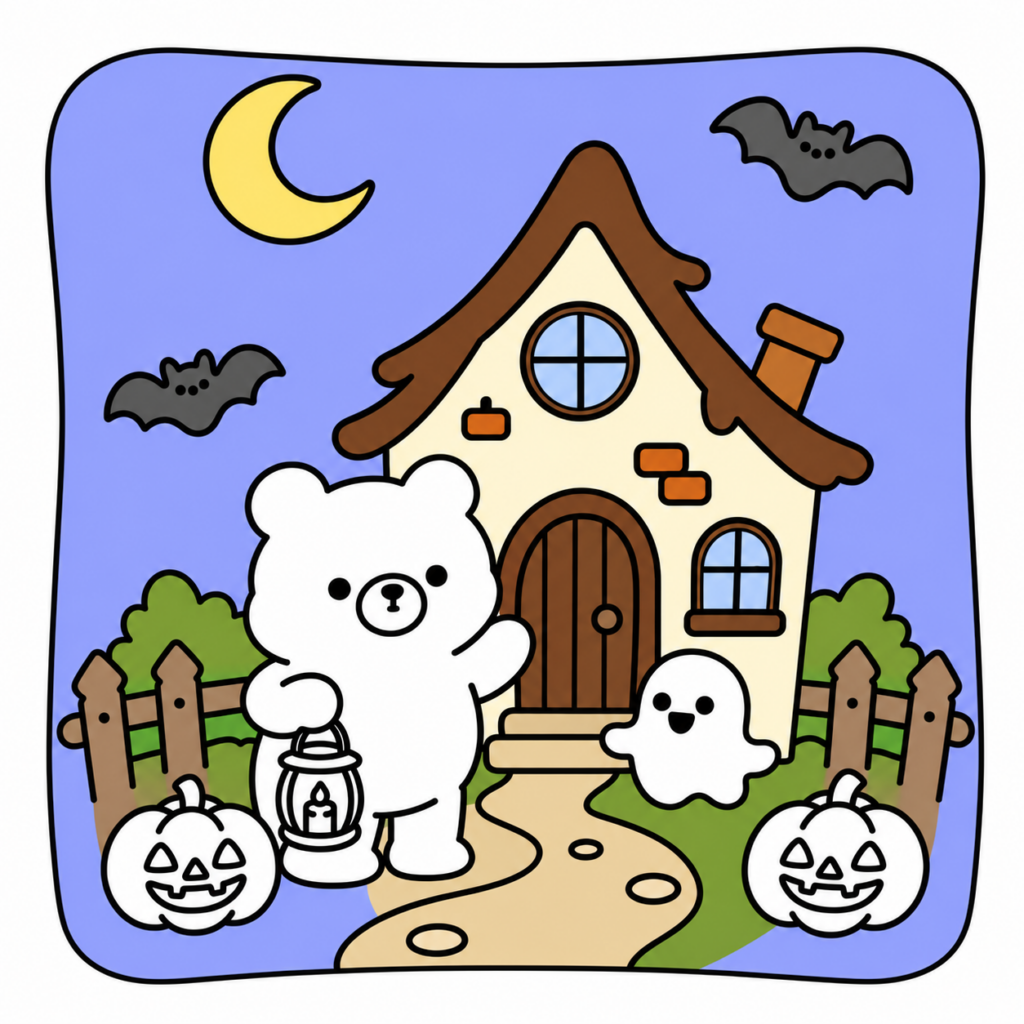 Halloween coloring page with the background colored in: lavender blue sky, yellow moon, cream house, brown roof and green bushes, while the bear, ghost and pumpkins are still white.