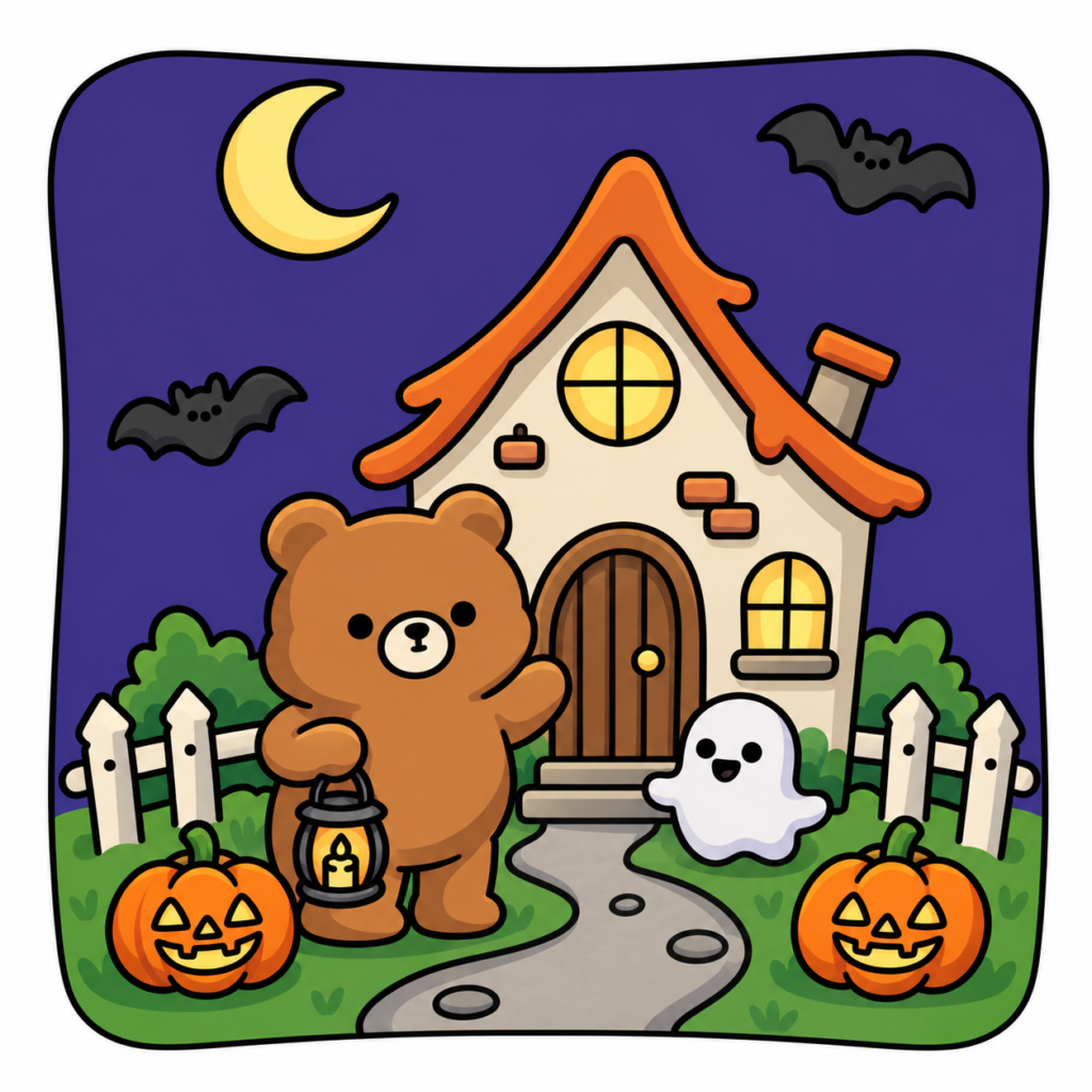 Another finished version of the Halloween coloring page, with an orange roof, a brown bear, pumpkins and a deep purple night sky.