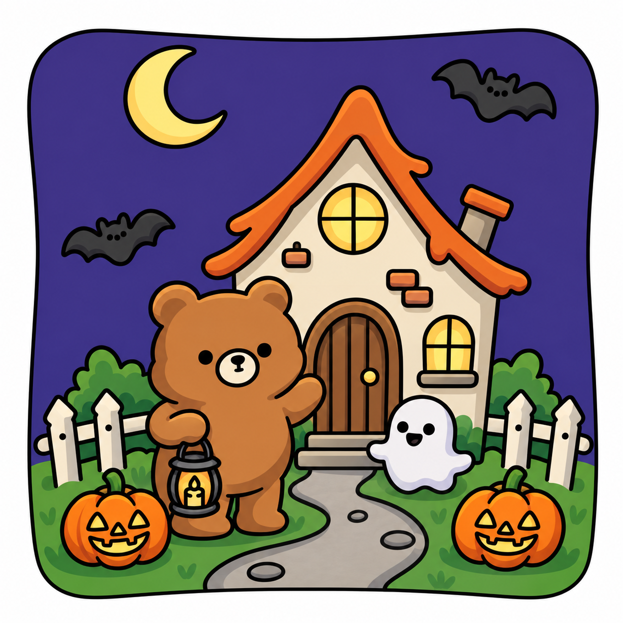 Colored Halloween cottage scene with a bear holding a lantern, friendly ghost, pumpkins, bats and crescent moon.