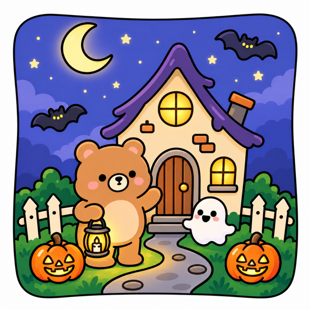 Finished Halloween coloring page: a shaded brown bear with a glowing lantern, a friendly ghost, jack-o-lanterns and a cottage with lit windows under a starry night sky.