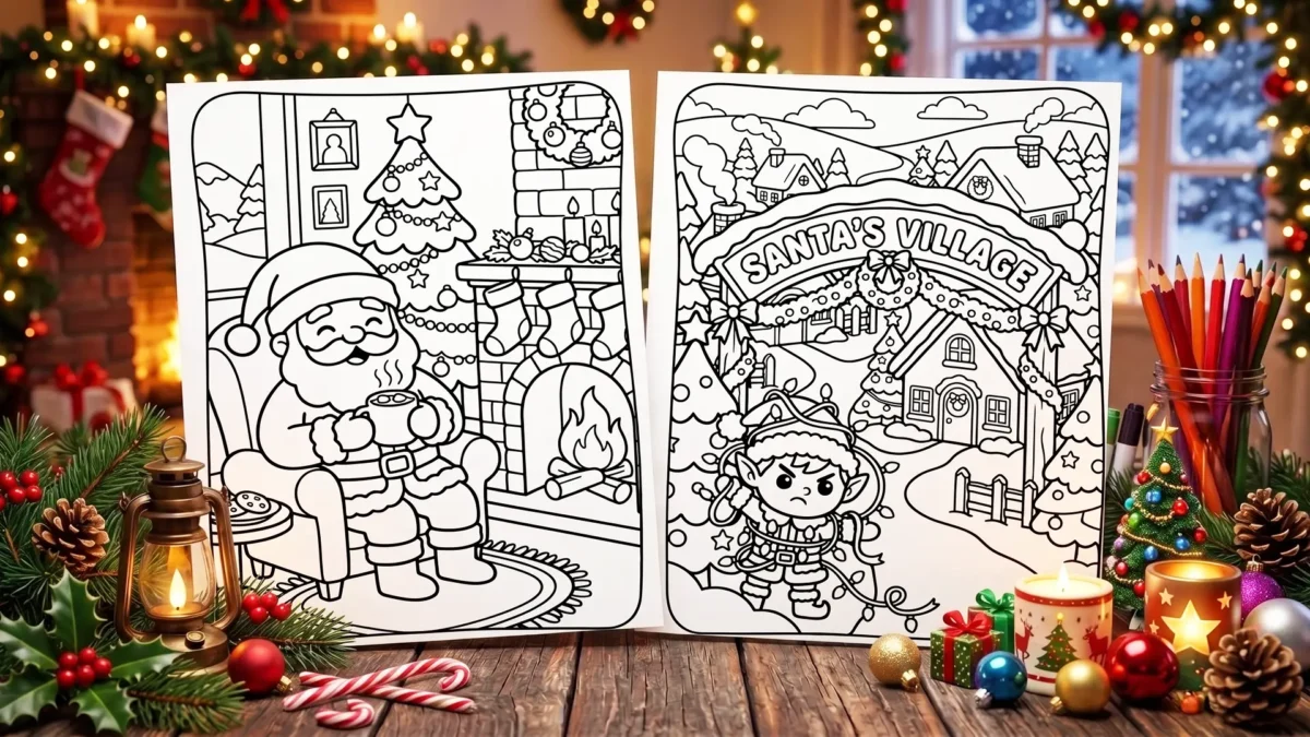Free Cozy Santa’s Village Christmas Coloring Pages