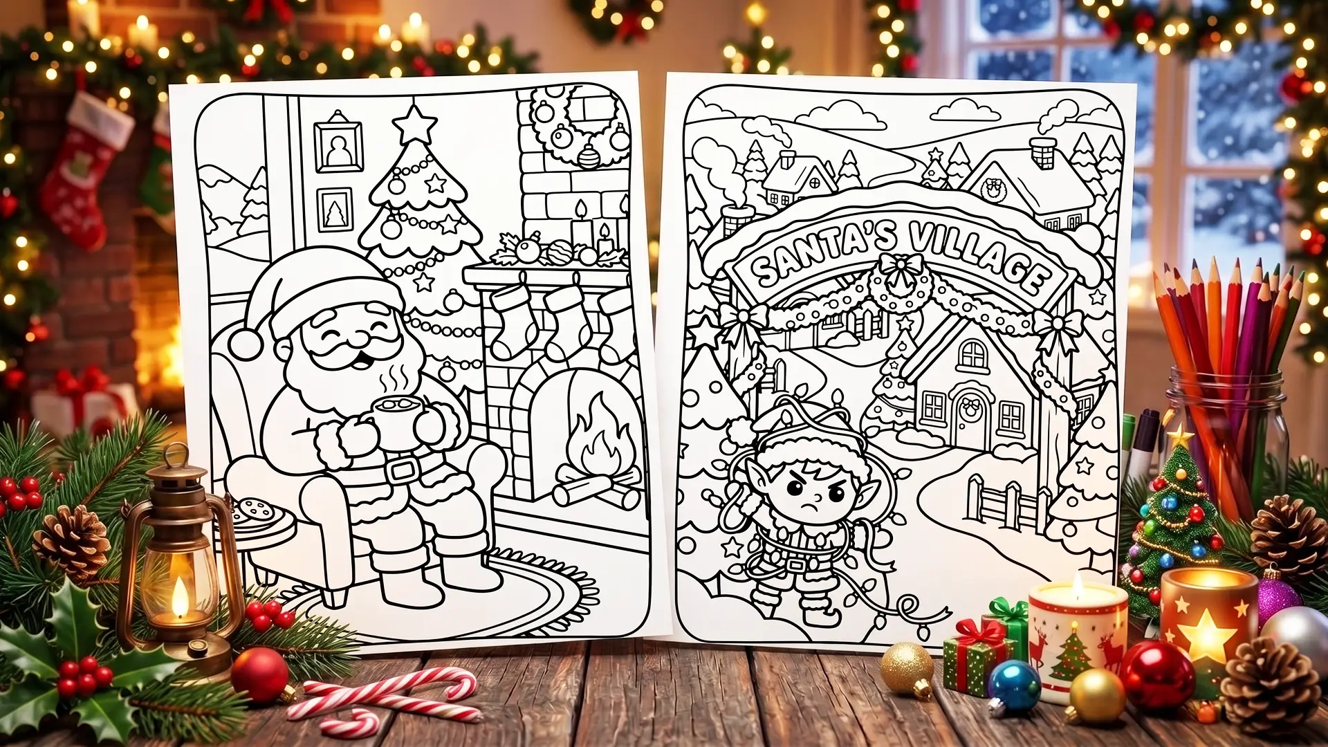 Two free printable cozy Christmas coloring pages from Santa's Village, Santa with hot cocoa by the fireplace and a little elf tangled in Christmas lights, on a festive table with candles and pencils